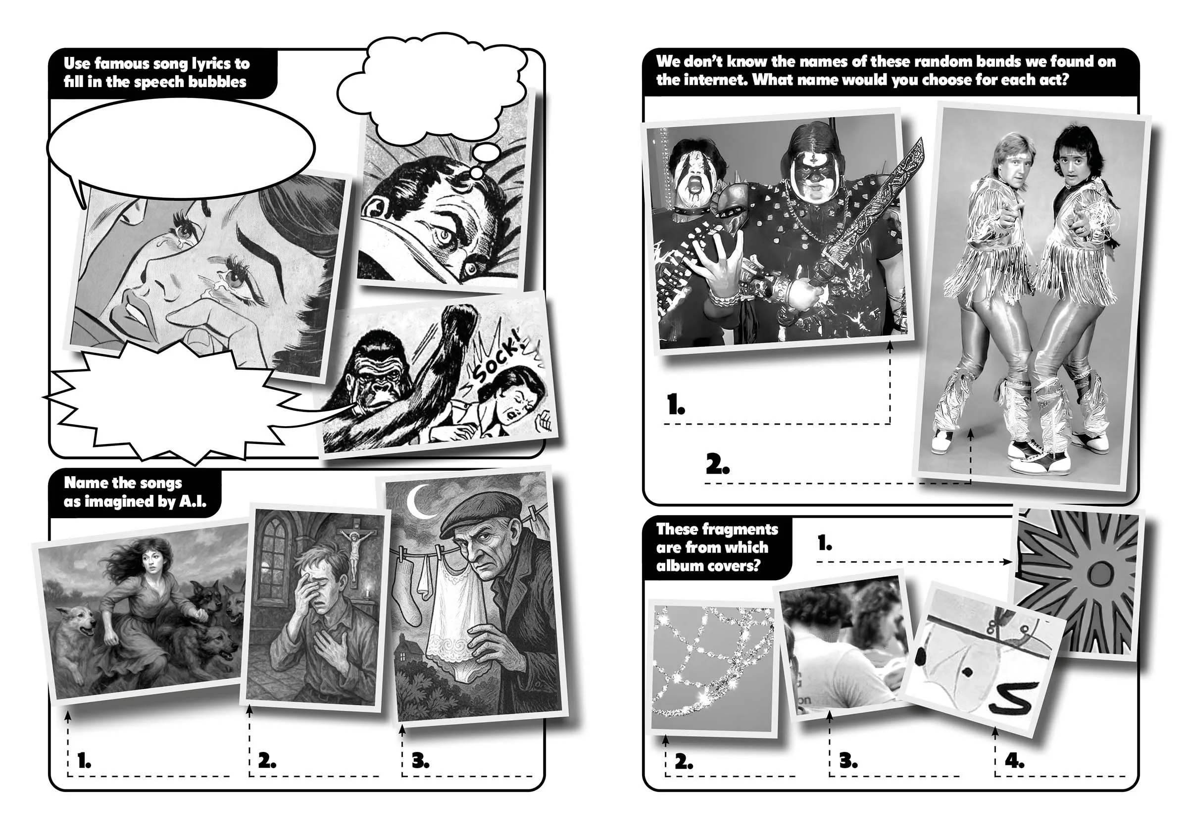 Archive quiz sheet from an Amsterdam Vinyl Club live event, featuring a series of simple music puzzles based on activities from children's magazines.