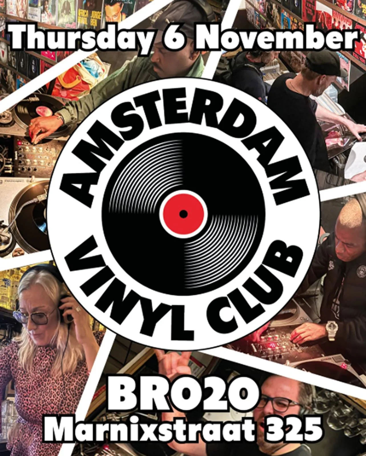 Promotional poster for the Amsterdam Vinyl Club live event on Thursday 6 November 2025, at BR020.