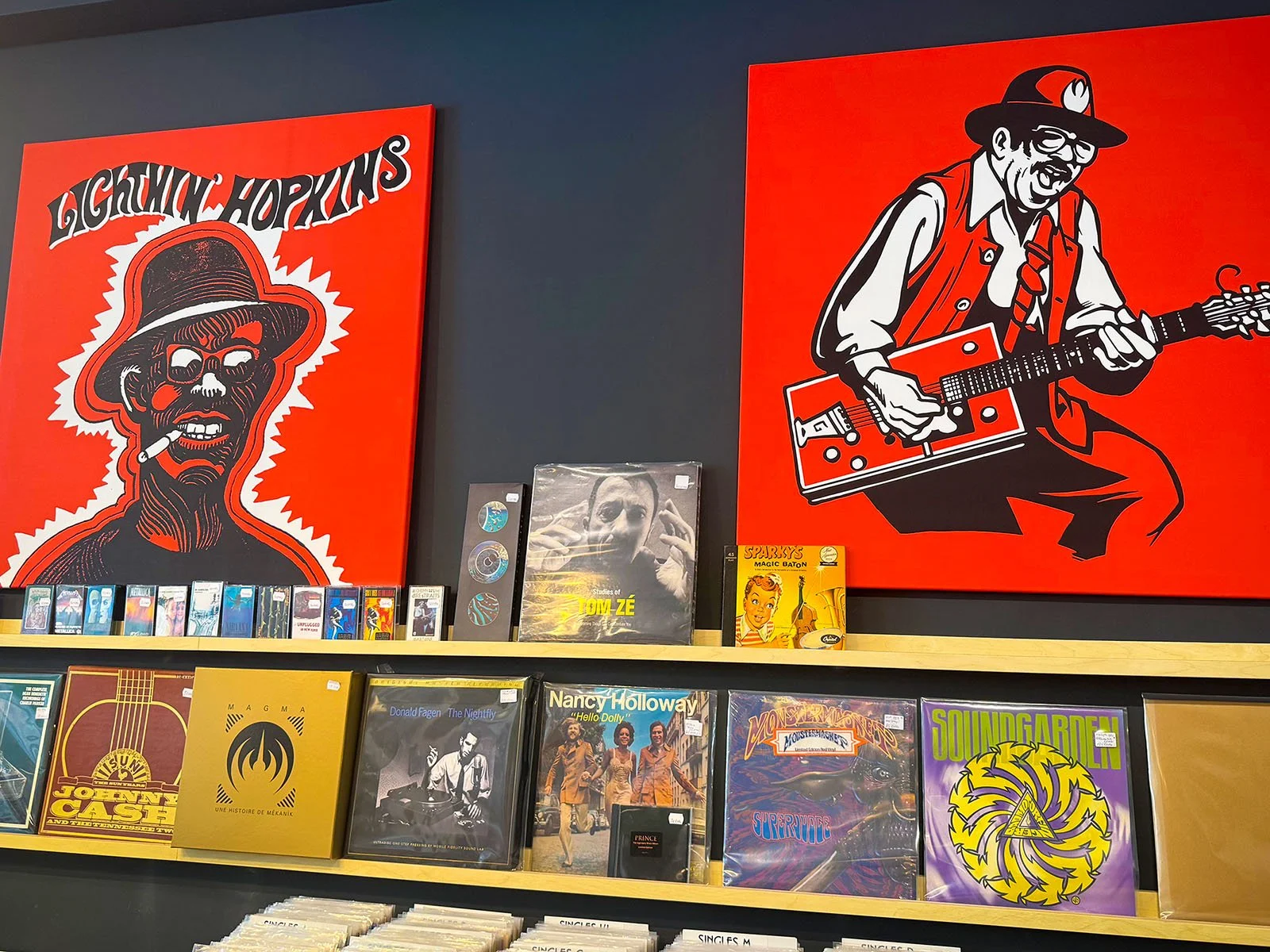 The interior of Anton Speijers Platen, a vinyl store in Amsterdam, Netherlands. There are hundreds of vinyl records on display.
