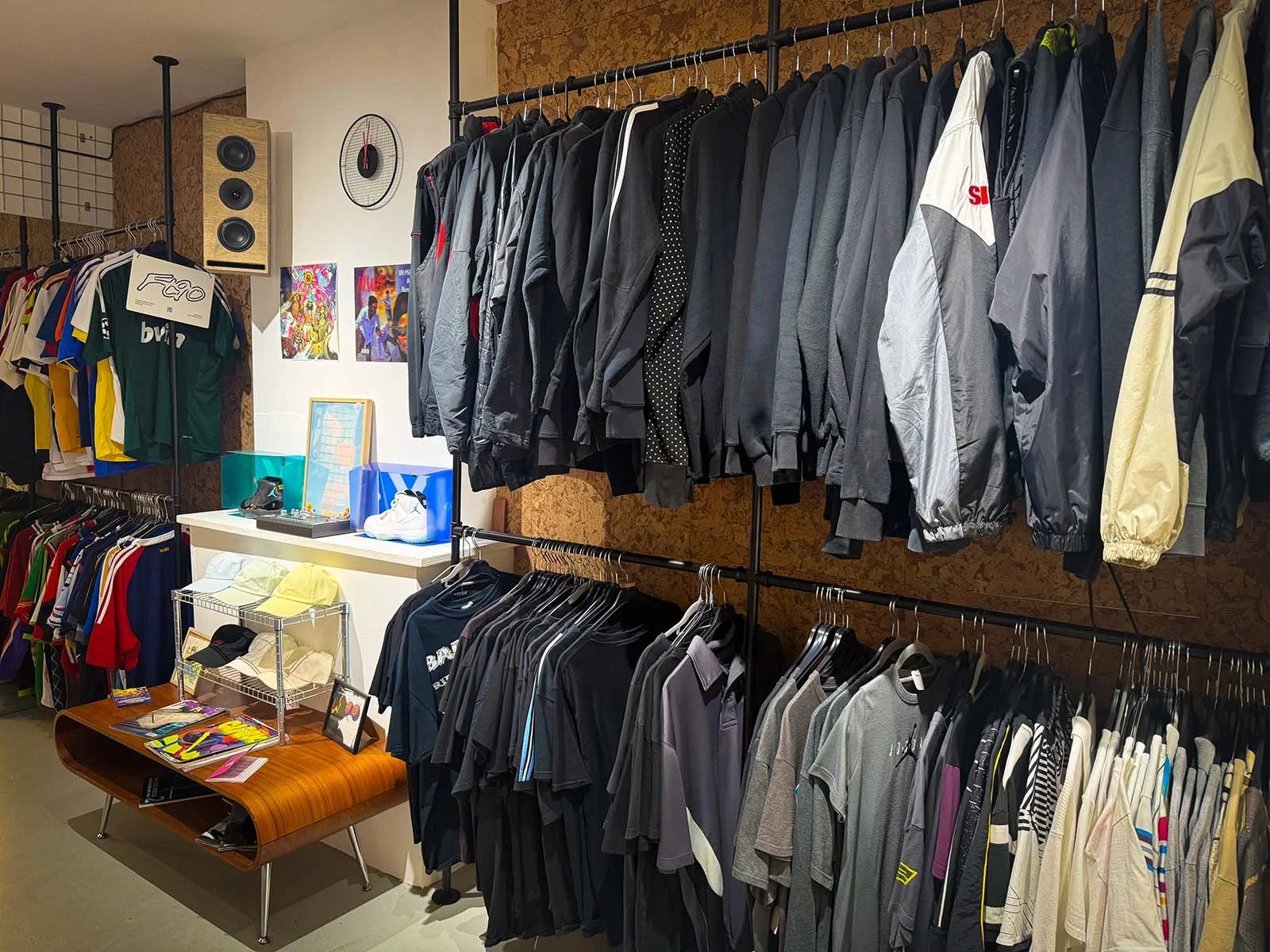 The interior of GOT.DRIP Streetwear and Records, a vinyl and clothing store in Amsterdam, Netherlands. There are hundreds of vinyl records on display.