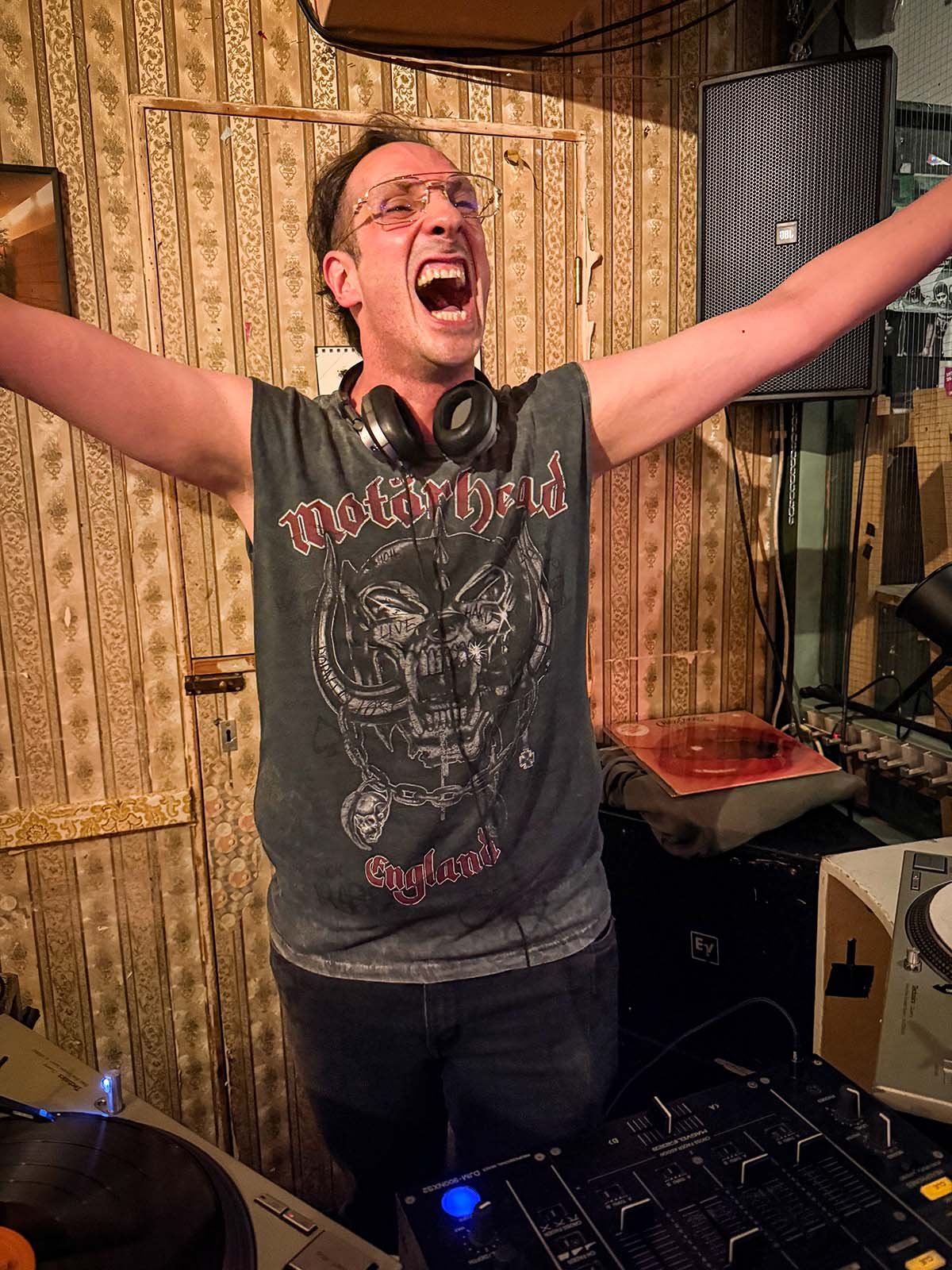 Mr RÖCK! playing a guest DJ set at Amsterdam Vinyl Club, a community music event held in venues across the city.
