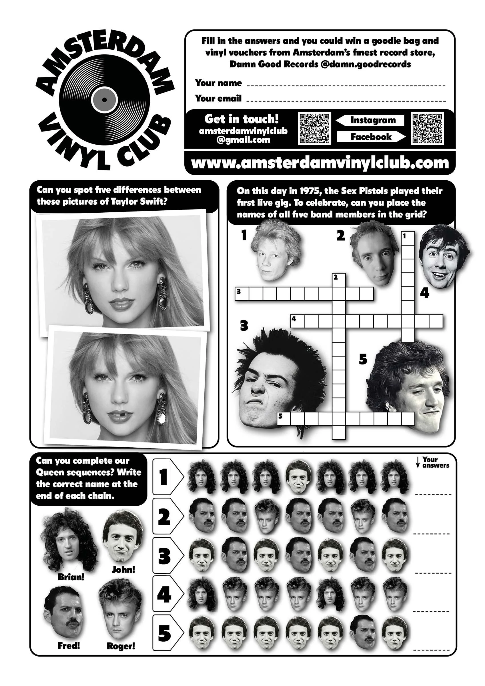 Archive quiz sheet from an Amsterdam Vinyl Club live event, featuring a series of simple music puzzles based on activities from children's magazines.