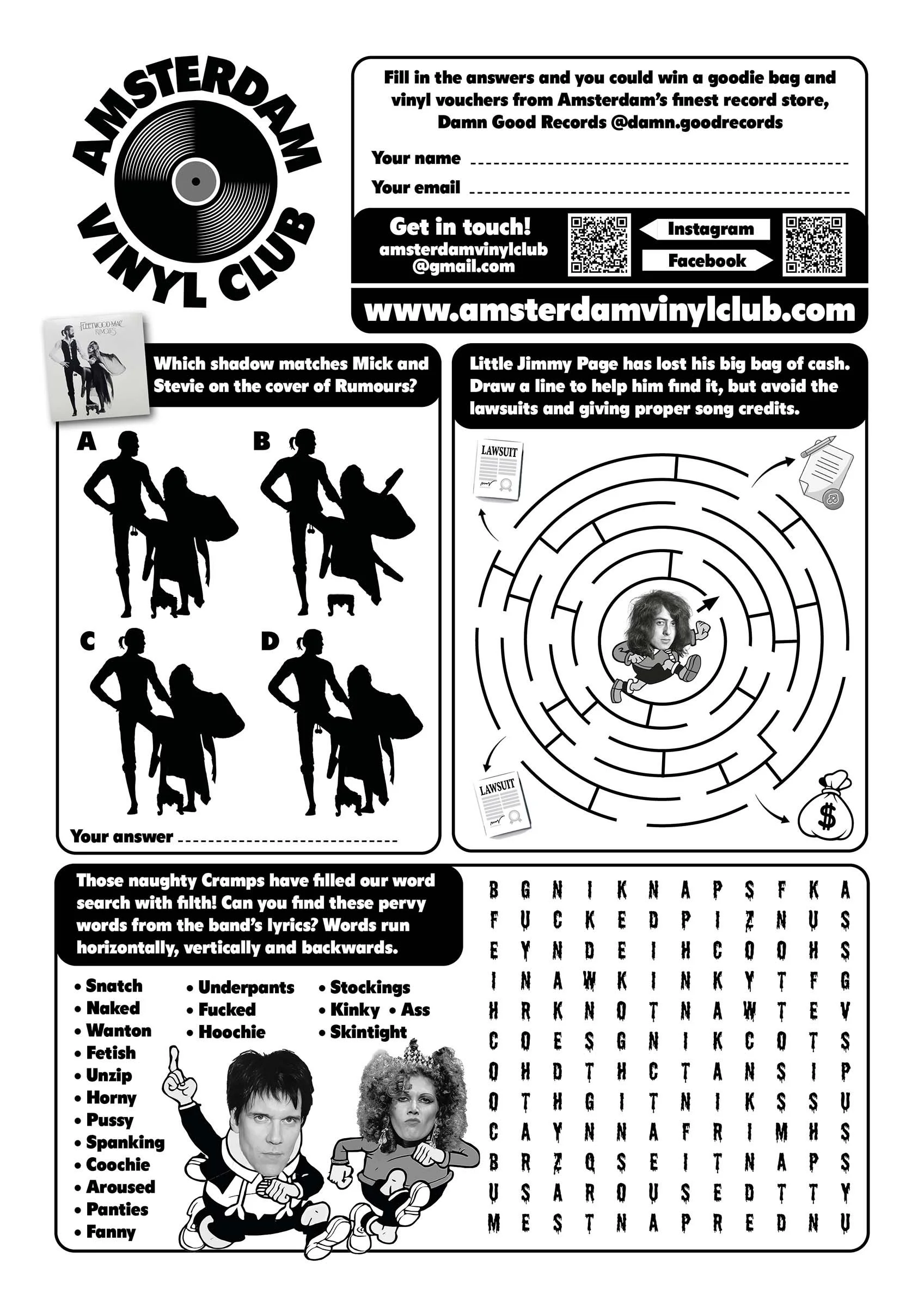 Archive quiz sheet from an Amsterdam Vinyl Club live event, featuring a series of simple music puzzles based on activities from children's magazines.