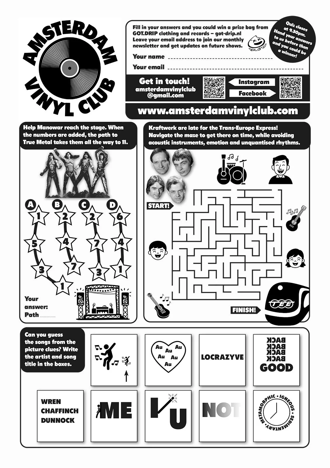 Quiz sheet featuring music-themed kids' puzzles, used at Amsterdam Vinyl Club, a community music event held in venues across the city.