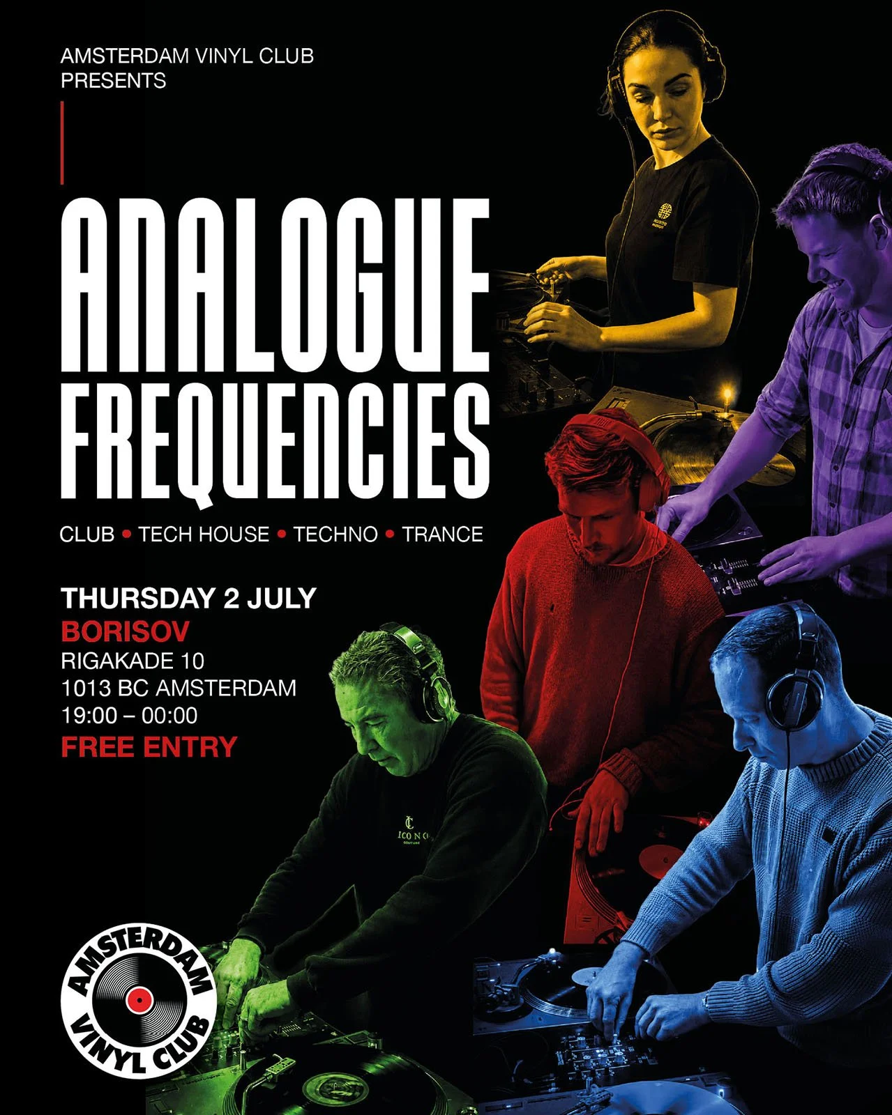 Promotional poster for Amsterdam Vinyl Club Presents - Analogue Frequencies, 2 July 2026 at venue Borisov. Amsterdam Vinyl Club is a community event for music lovers, record collectors and DJs, and the poster shows photos of DJs.