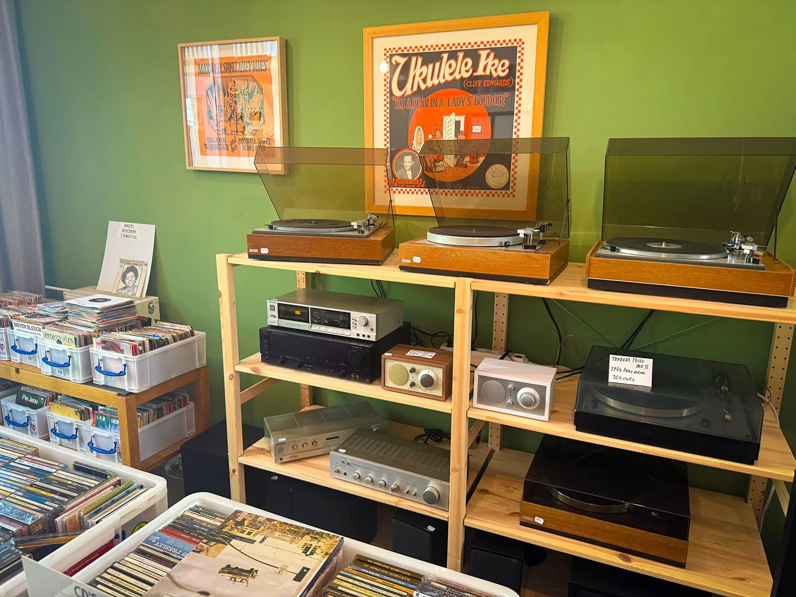 The interior of Anton Speijers Platen, a vinyl store in Amsterdam, Netherlands. There are hundreds of vinyl records on display.