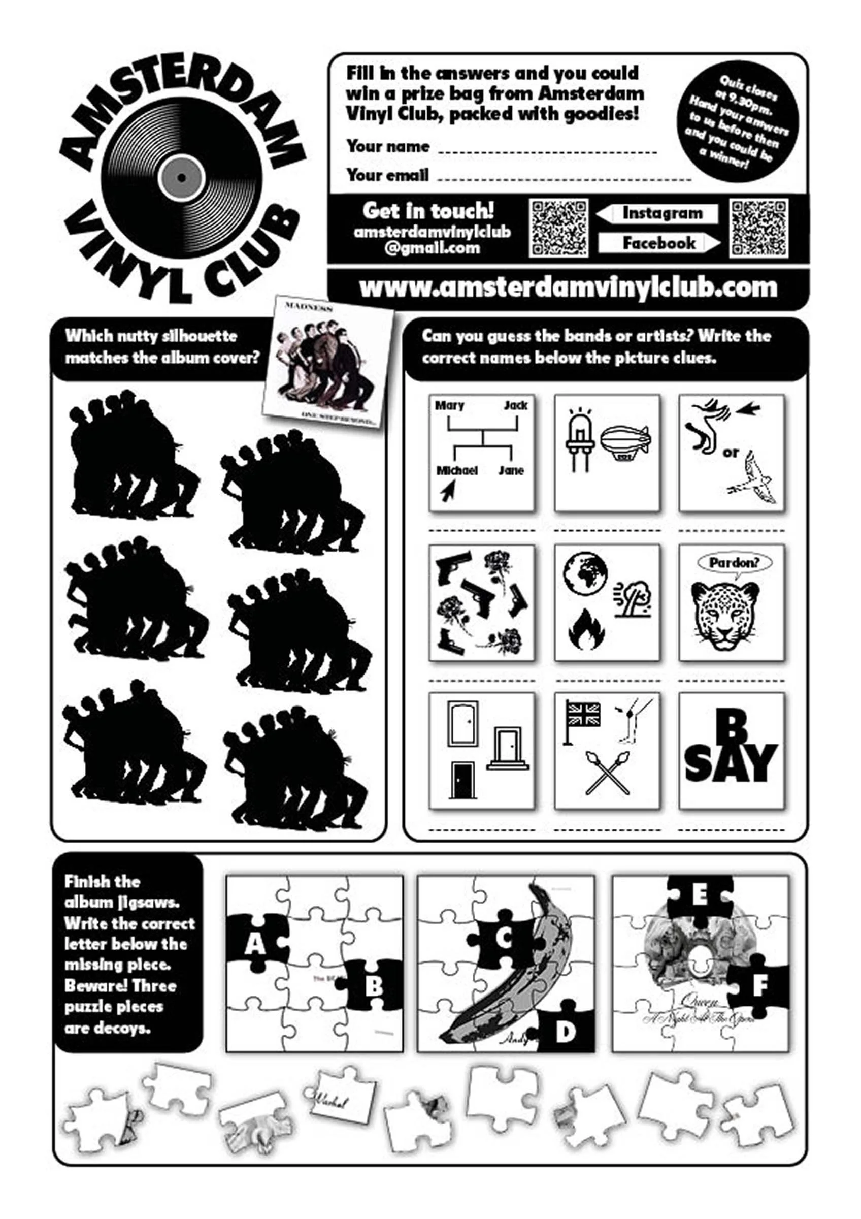 Archive quiz sheet from an Amsterdam Vinyl Club live event, featuring a series of simple music puzzles based on activities from children's magazines.
