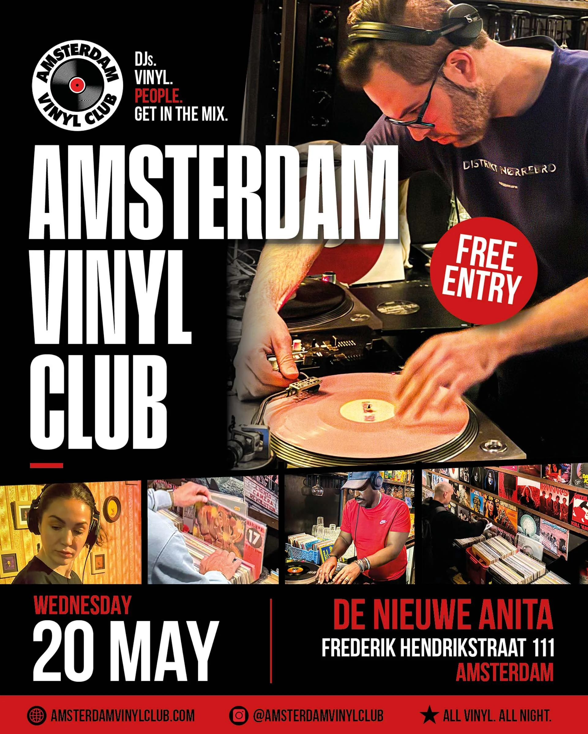 Promotion poster for Amsterdam Vinyl Club, featuring a DJ mixing records at a vinyl shop, with text indicating events on Wednesday, 20 May, and a new album night at a club on Frederik Hendrikstraat 111, Amsterdam. The poster includes club logo, website, and social media handles, with a red and black color theme.