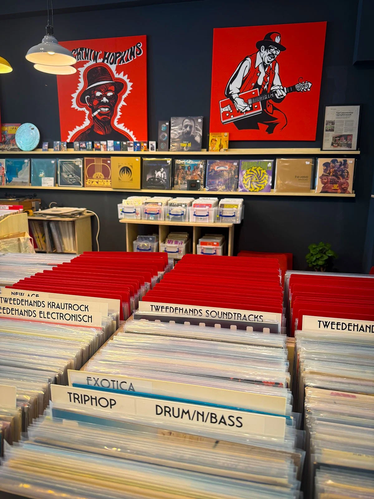 The interior of Anton Speijers Platen, a vinyl store in Amsterdam, Netherlands. There are hundreds of vinyl records on display.