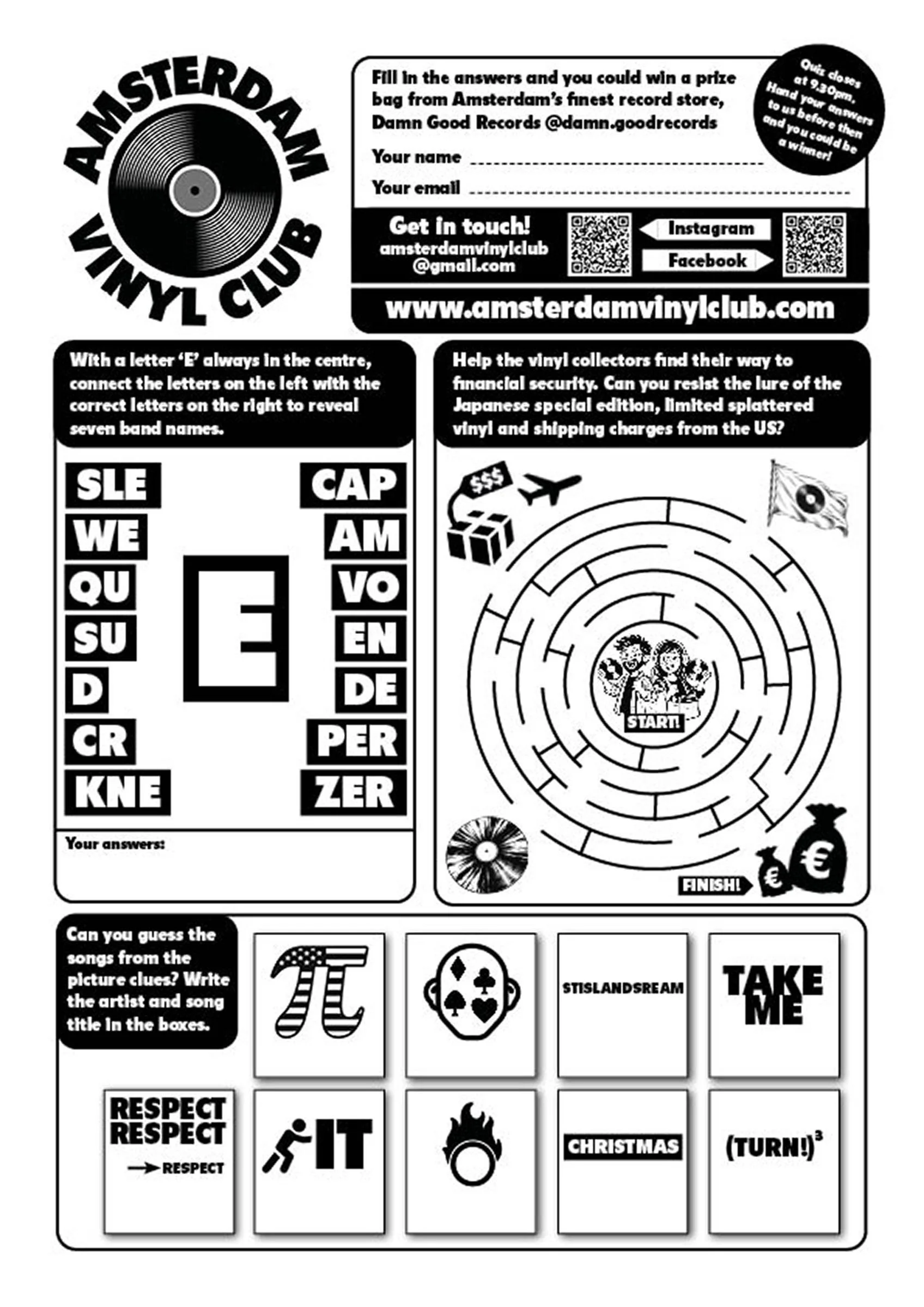 Archive quiz sheet from an Amsterdam Vinyl Club live event, featuring a series of simple music puzzles based on activities from children's magazines.