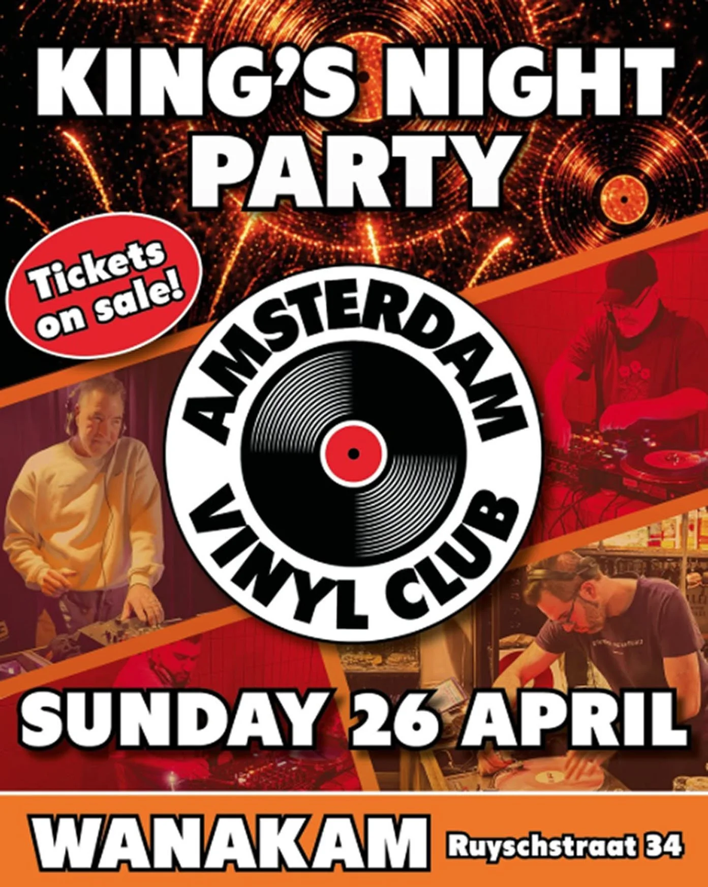 Promotional poster for the Amsterdam Vinyl Club live event on King's Night, Sunday 26 April 2026, at Wanakam.