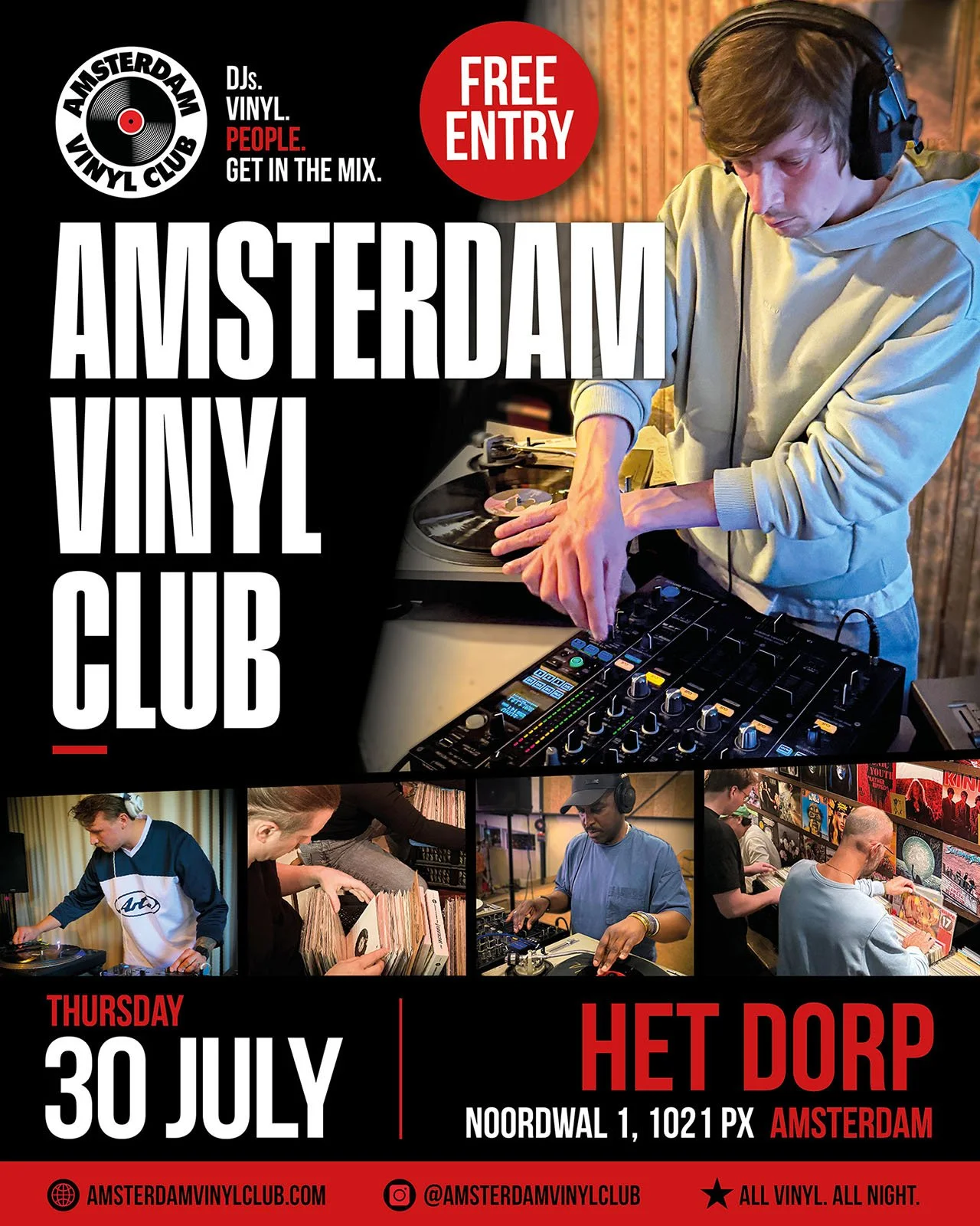 Promotional poster for Amsterdam Vinyl Club, 30 July 2026 at venue Het Dorp. Amsterdam Vinyl Club is a community event for music lovers, record collectors and DJs in Amsterdam, and the poster shows photos of DJs and record sellers at previous events.