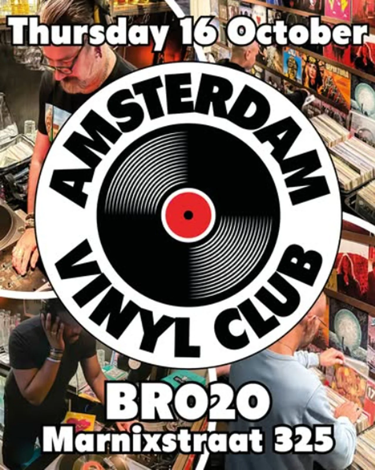 Promotional poster for the Amsterdam Vinyl Club live event on Thursday 16 October 2025, at BR020.