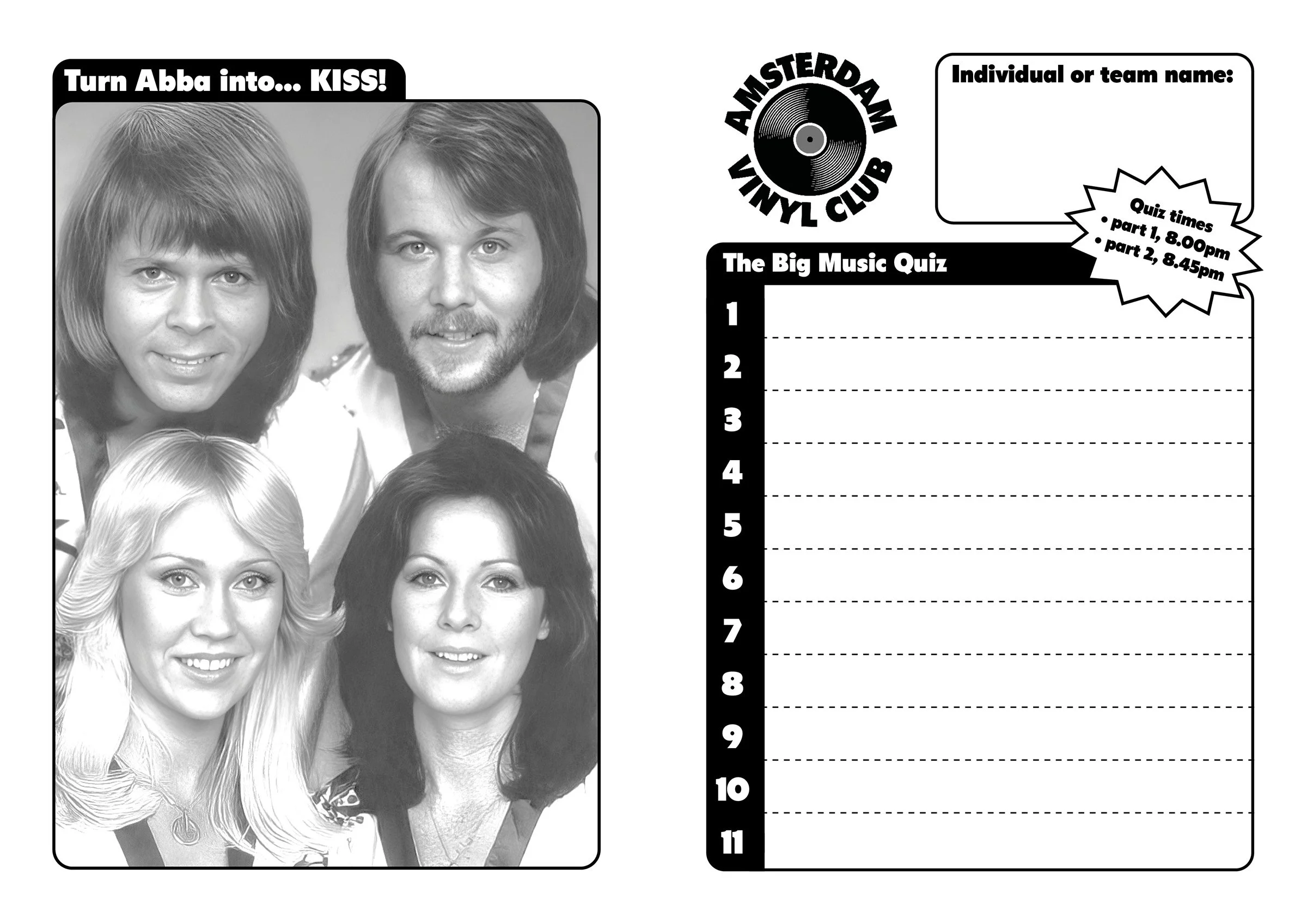Archive quiz sheet from an Amsterdam Vinyl Club live event, featuring a series of simple music puzzles based on activities from children's magazines.