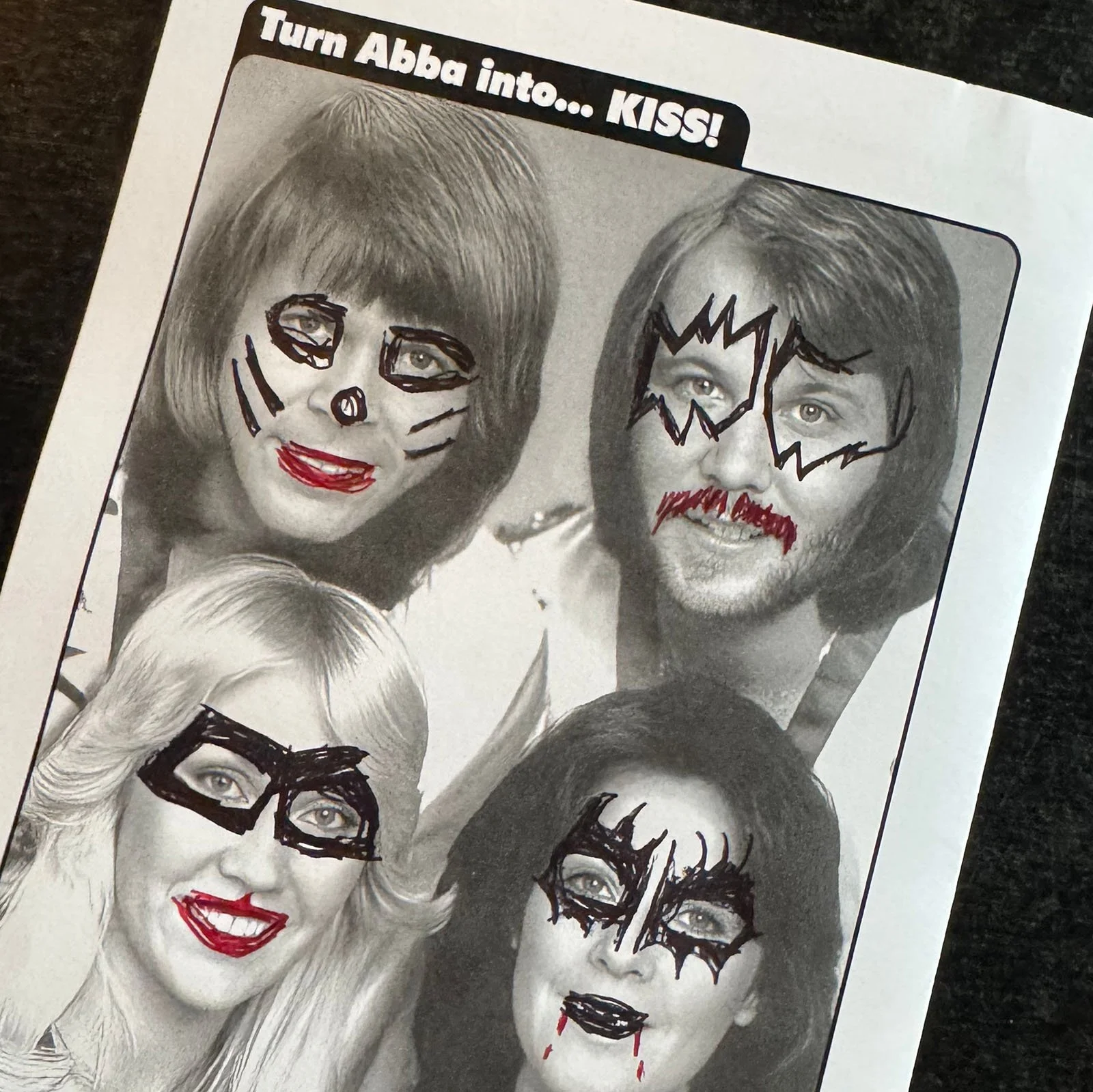 An archive quiz sheet from an old Amsterdam Vinyl Club live event. It shows ABBA defaced to look like KISS.