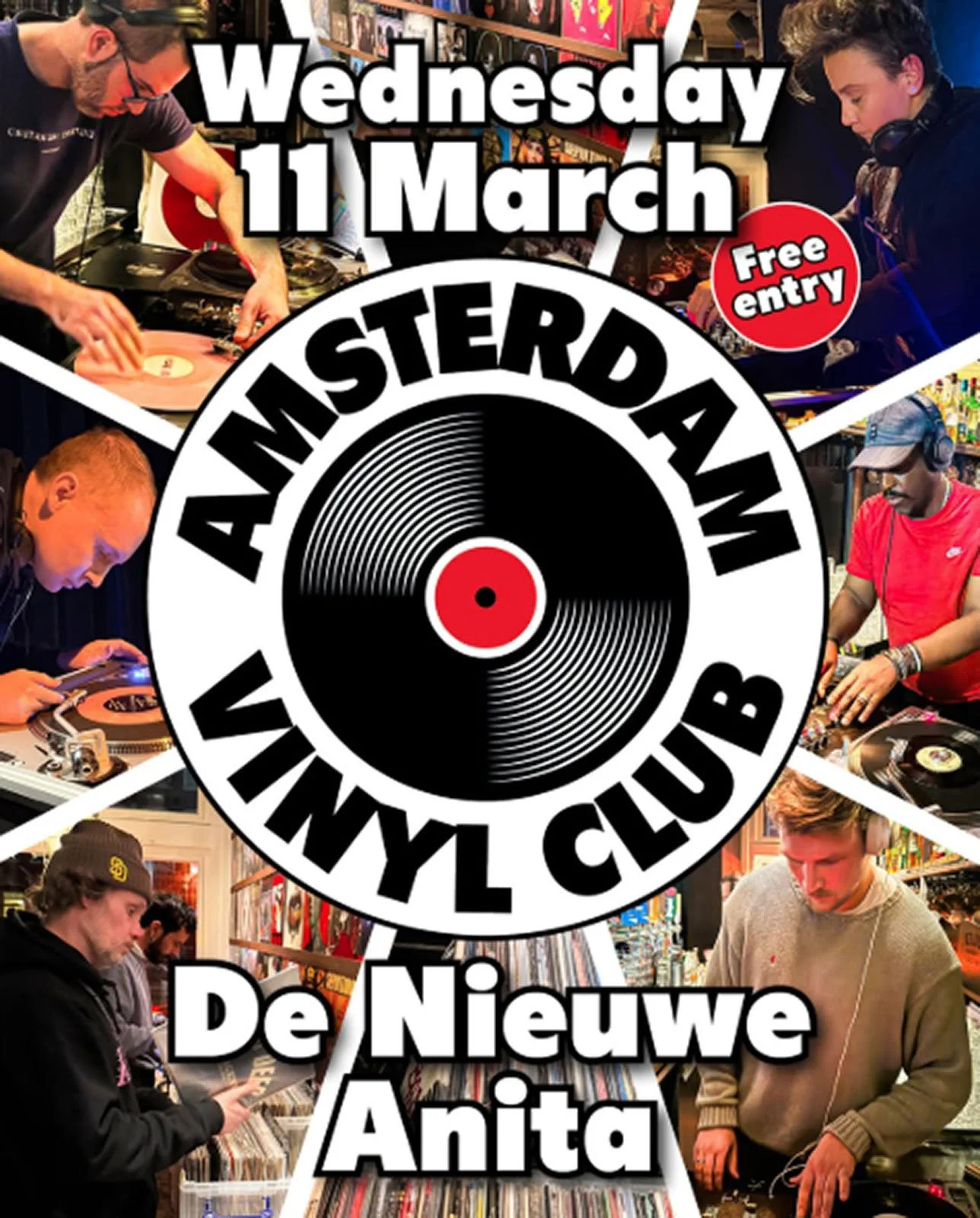 Promotional poster for the Amsterdam Vinyl Club live event on Wednesday 11 March 2026, at De Niewue Anita.