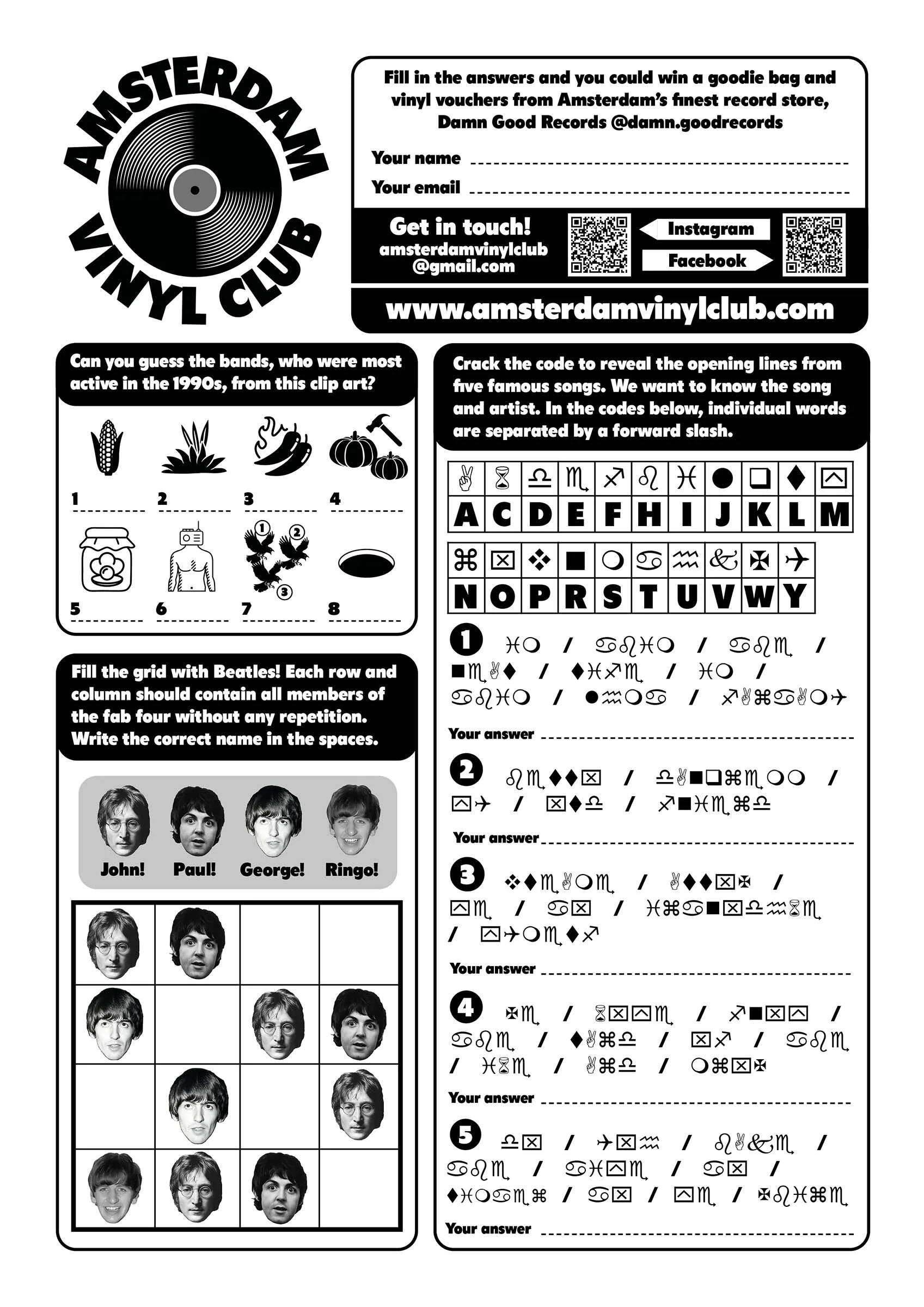 Archive quiz sheet from an Amsterdam Vinyl Club live event, featuring a series of simple music puzzles based on activities from children's magazines.