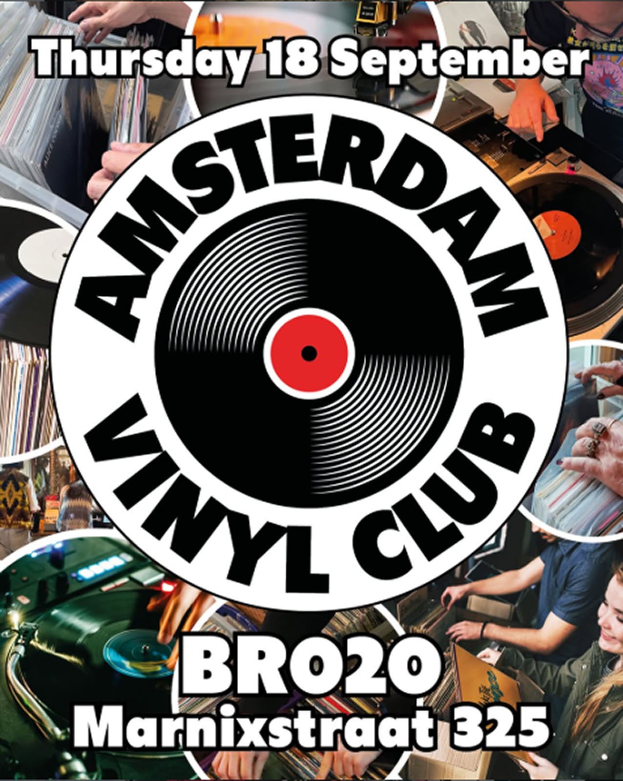 Promotional poster for the Amsterdam Vinyl Club live event on Thursday 18 September 2025, at BR020.