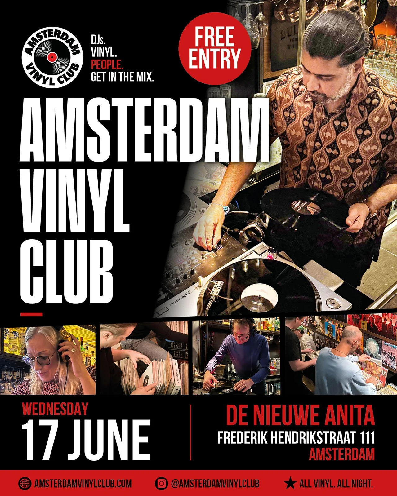 Promotional poster for Amsterdam Vinyl Club, 17 June 2026 at venue De Nieuwe Anita. Amsterdam Vinyl Club is a community event for music lovers, record collectors and DJs, and the poster shows photos of DJs and record sellers.
