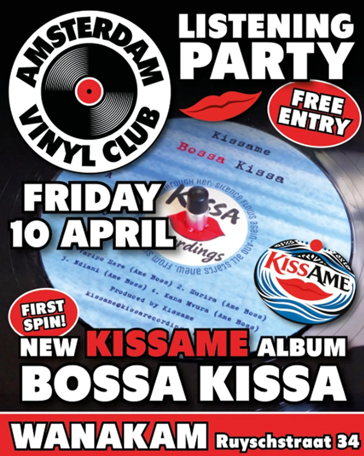 Promotional poster for the Amsterdam Vinyl Club Bossa Kissa Listening Party live event on Friday 10 April 2026, at Wanakam.