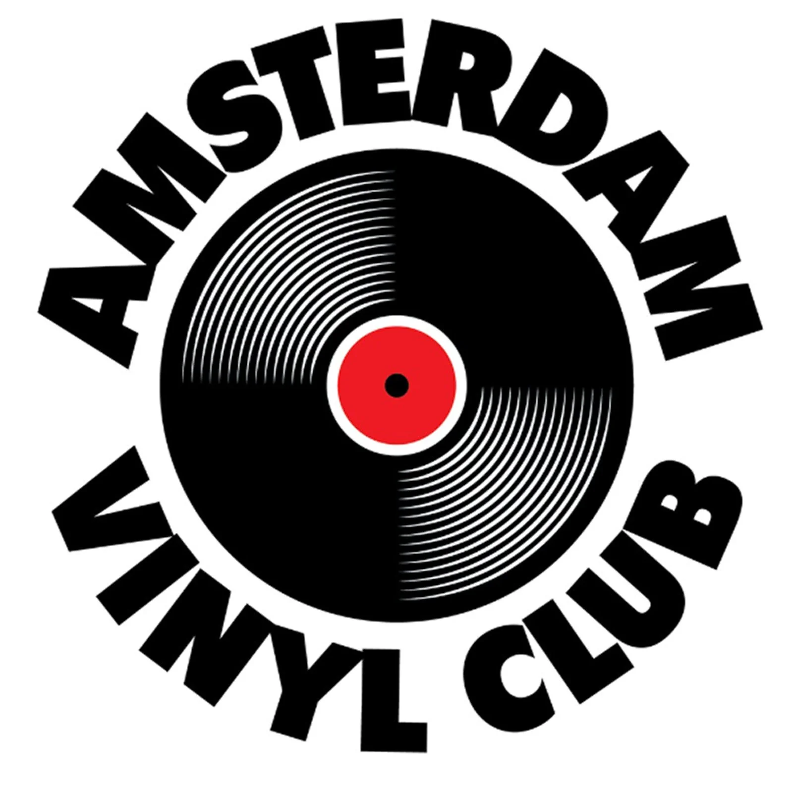 A circular logo with a black vinyl record in the center, surrounded by text that reads 'AMSTERDAM VINYL CLUB' in bold black letters.