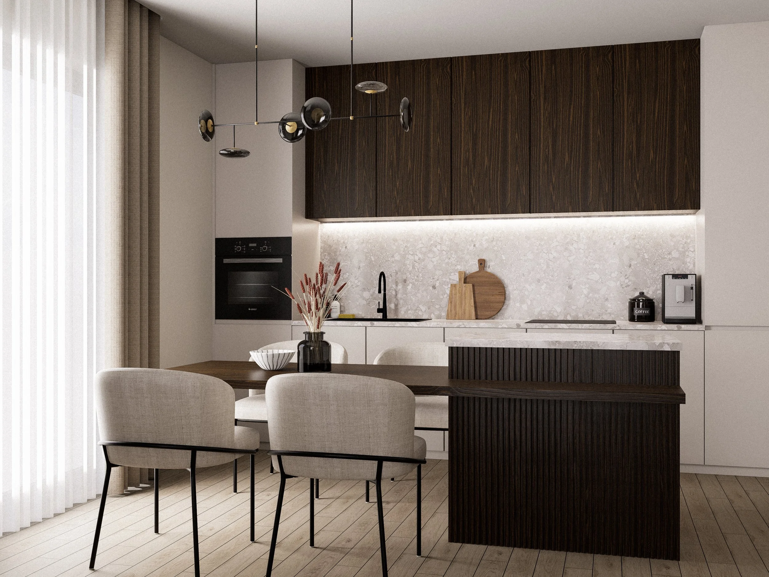 Modern open-plan kitchen and dining room design by Studio Ardelia — warm minimalist interior with dark oak cabinets, terrazzo backsplash and cream dining chairs