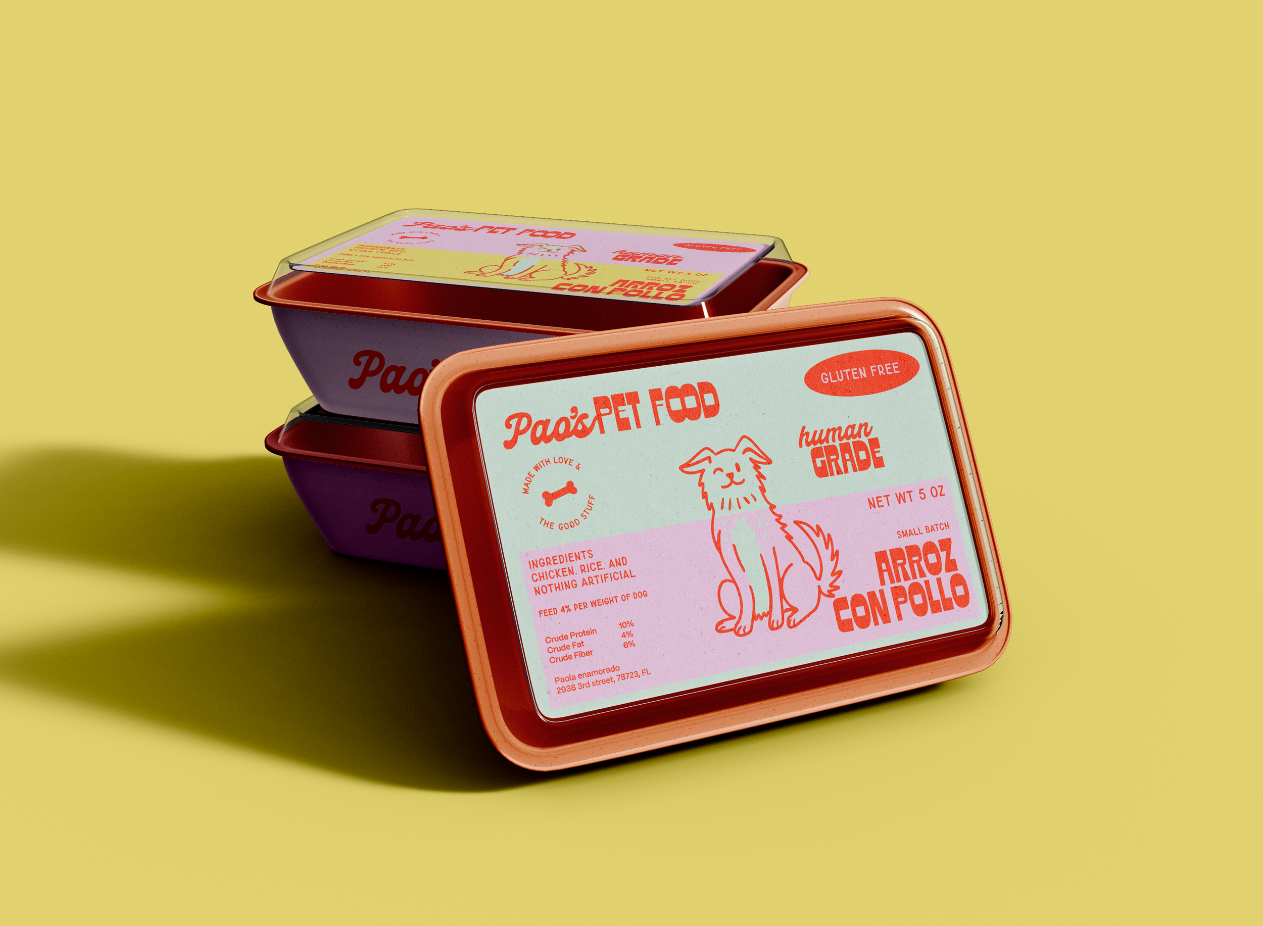 Stacked pet food containers with peach-colored lids, the top one showing a label for chicken and rice pet food.