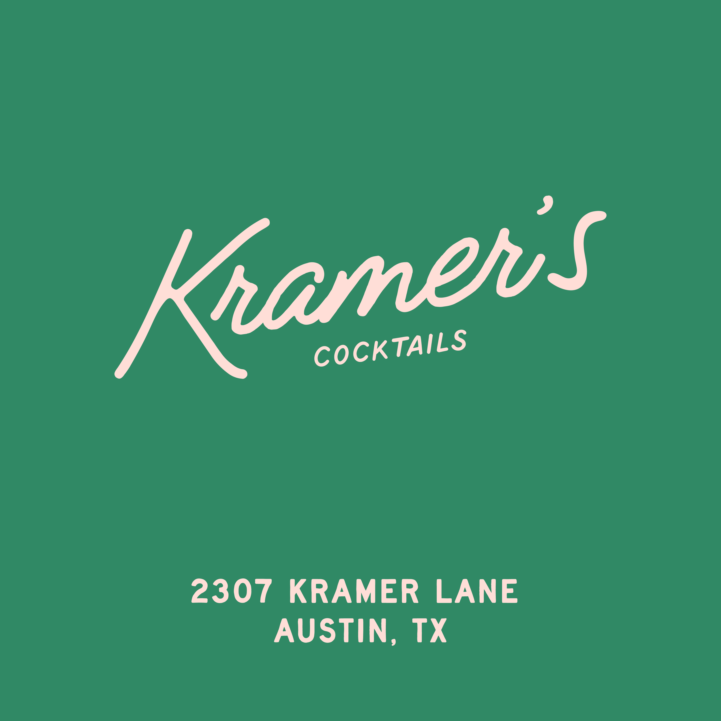 Business card for Kramer’s Cocktails with the address 2307 Kramer Lane, Austin, TX, on a green background.