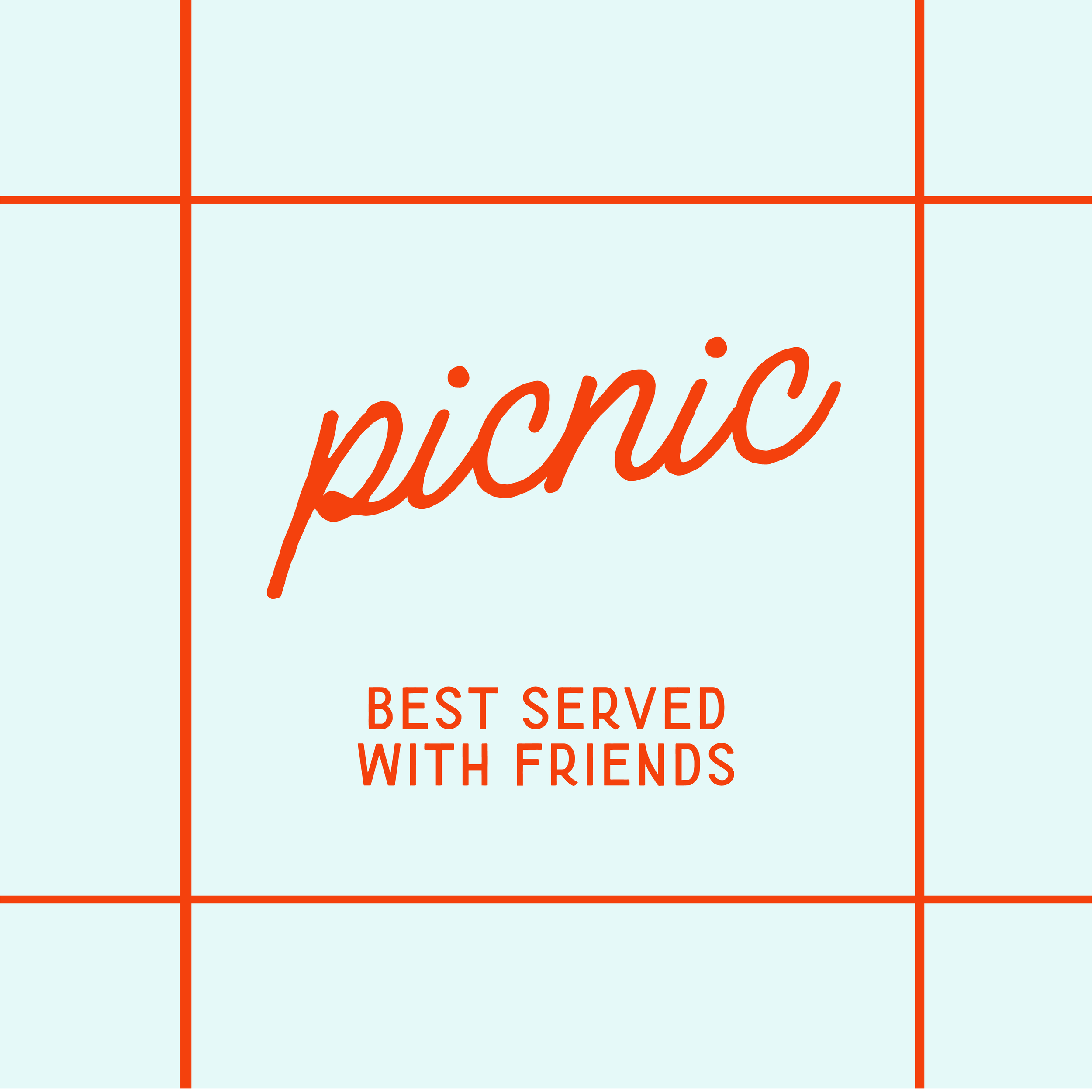 Pictogram with the word 'picnic' in cursive font and the phrase 'Best served with friends' underneath, set against a light blue background with red grid lines.