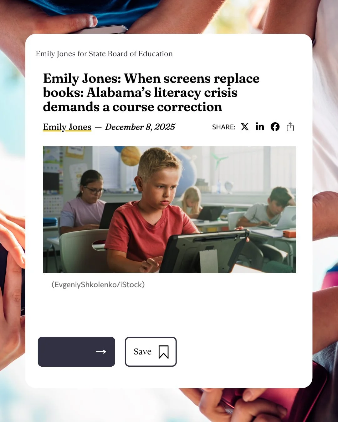 Alabama&rsquo;s literacy crisis is getting worse &mdash; and our students are paying the price.
Emily Jones&rsquo; latest article in Yellowhammer News breaks down why replacing books with screens has failed our kids, and what real course correction s