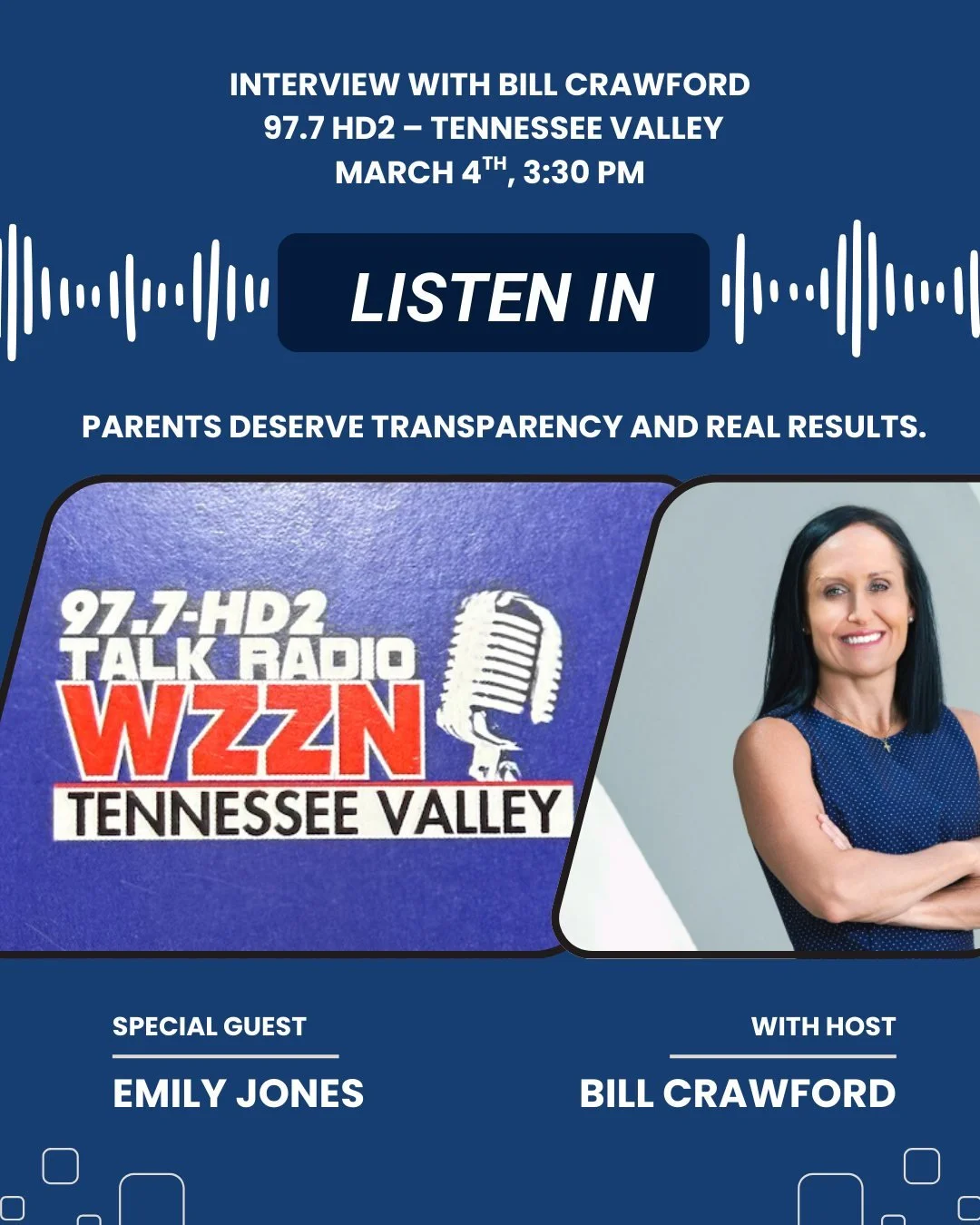 Emily Jones will join Bill Crawford on WZZN 97.7 HD2 to discuss the future of education in Alabama.

Parents deserve transparency.
Students deserve real results.
And our schools deserve accountable leadership.

Tune in March 4th at 3:30 PM.

#EmilyJo