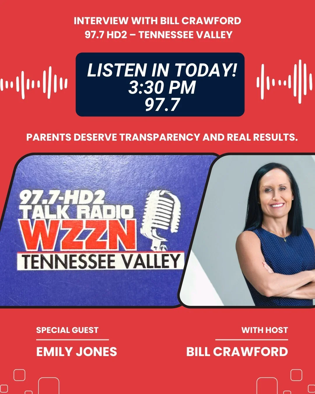 🎙 Tune in today.

Emily Jones will be joining Bill Crawford on 97.7 HD2 Tennessee Valley this afternoon to discuss education, transparency, and why real results matter for families.

🕒 3:30 PM
📻 97.7 HD2 &ndash; Tennessee Valley

If you&rsquo;re i
