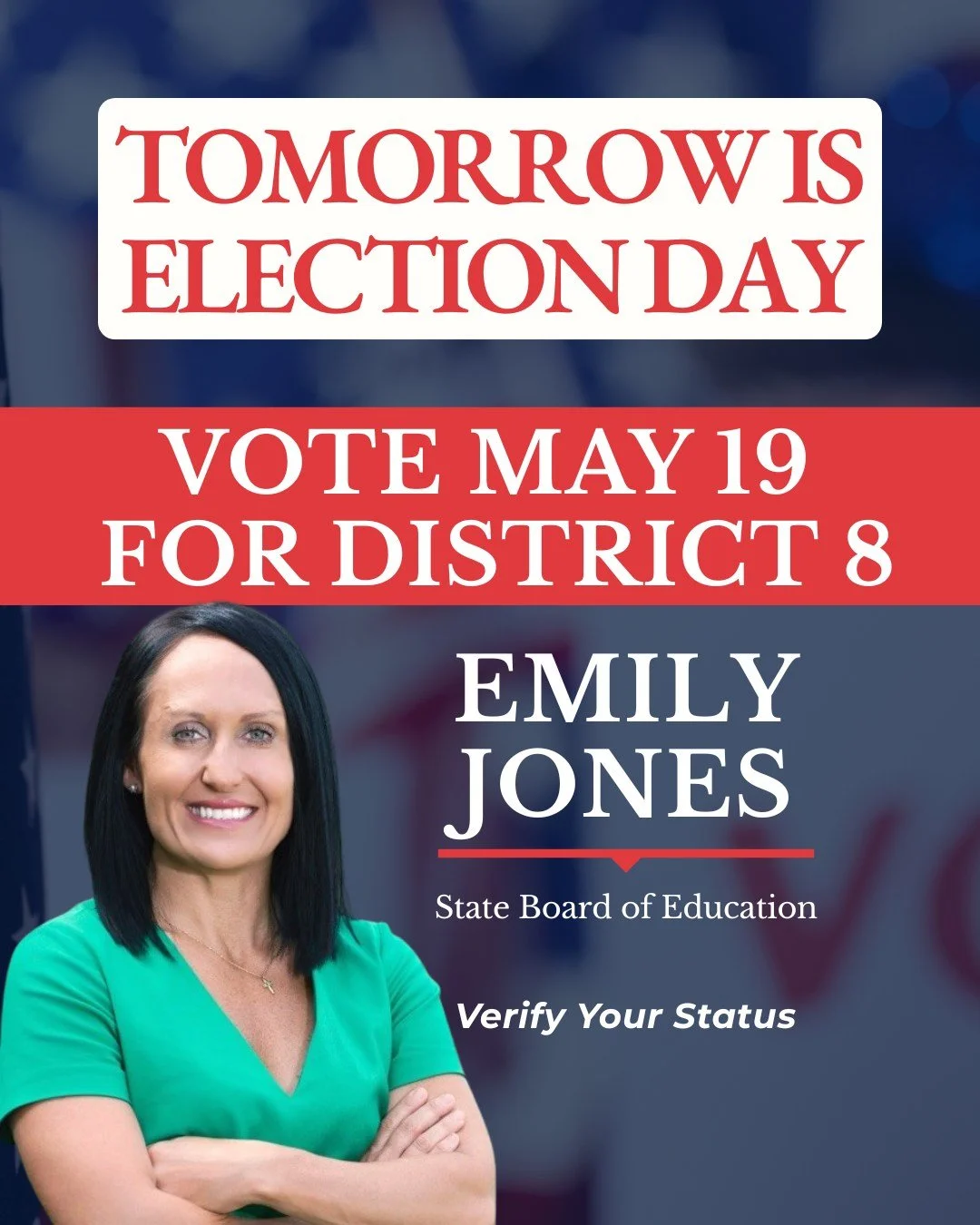 Tomorrow, District 8 heads to the polls.

This is your chance to help choose leadership that will fight for stronger schools, parental rights, and a better future for Alabama students.

Emily Jones is ready to serve, now it&rsquo;s time to vote.

#el