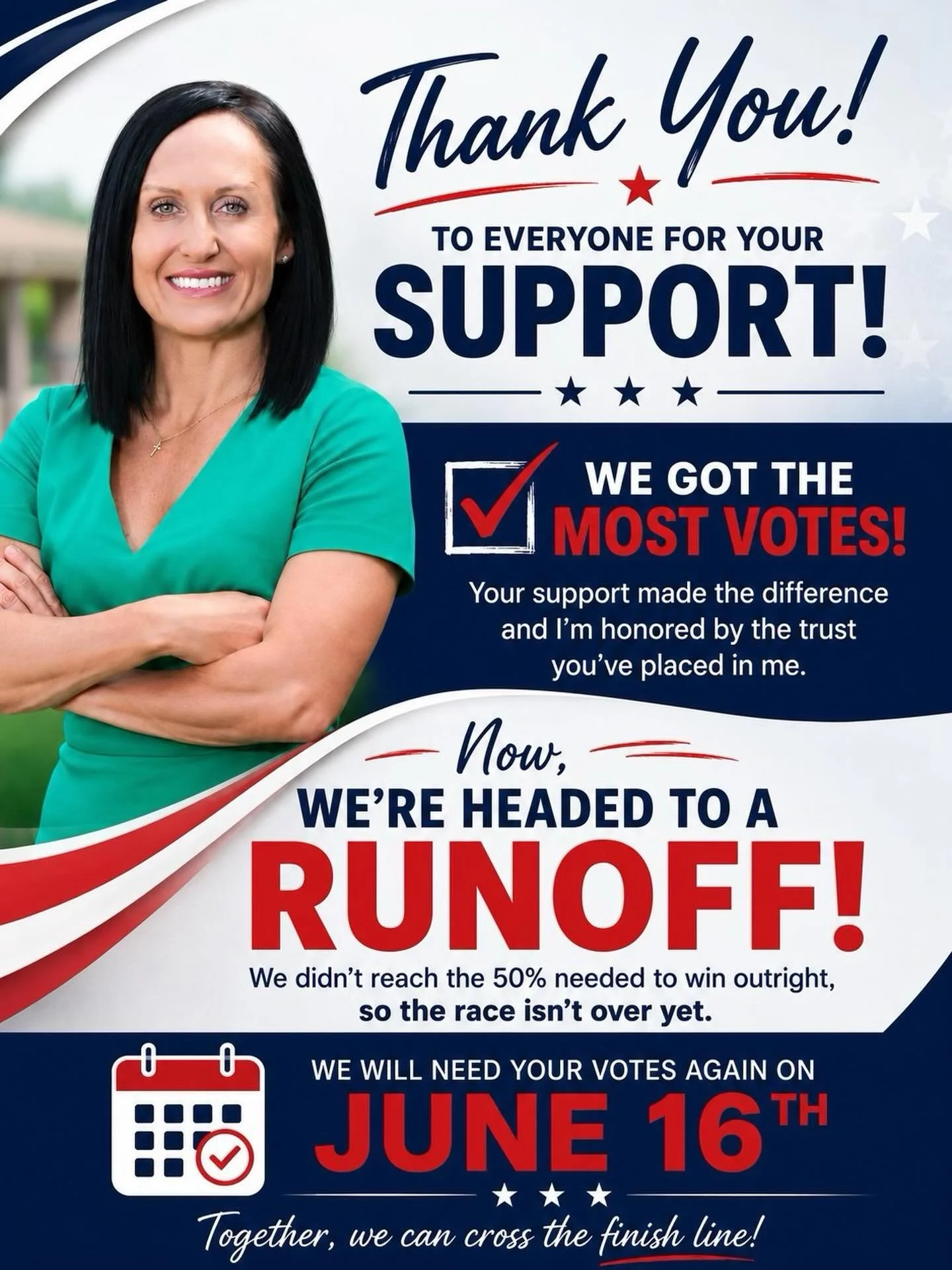 We came out on top &mdash; but this race is NOT over.

Because no candidate reached the 50% threshold, this election is now headed to a runoff on June 16th. That means we have just a short window to finish what we started.

The momentum is real. The 