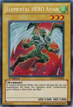 Yu-Gi-Oh! Trading Card: Elemental HERO Avian, a Warrior with wings, in an action pose with red and white background.