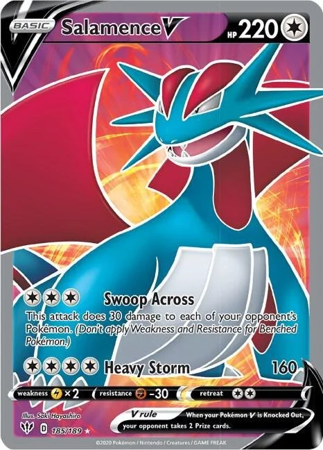 A Pokémon trading card featuring Salamence V, with 220 HP. Salamence is blue with red wings and sharp blue horns. The background has orange and purple streaks. The card lists attacks Swoop Across and Heavy Storm, with attack details and energy symbols. It shows a weakness to electric type, resistance to fighting type, and a retreat cost of two colorless energies.