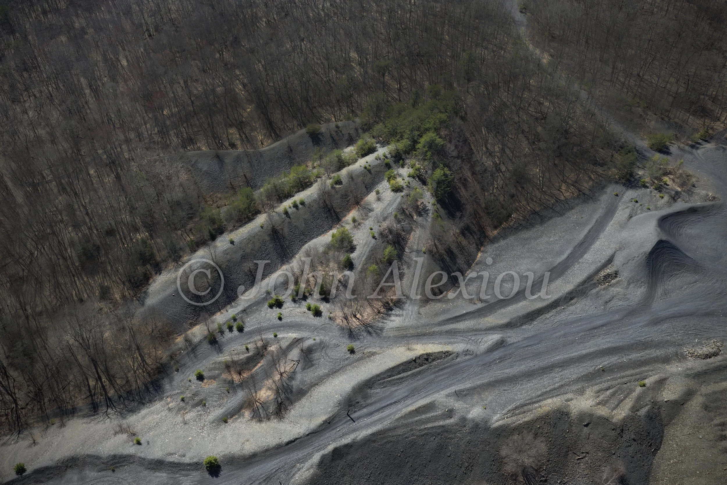 09 · Finding a Way Back: Small trees take root on stepped slopes beside a broad dark bank.

© John Alexiou · 2025 · Mocanaqua