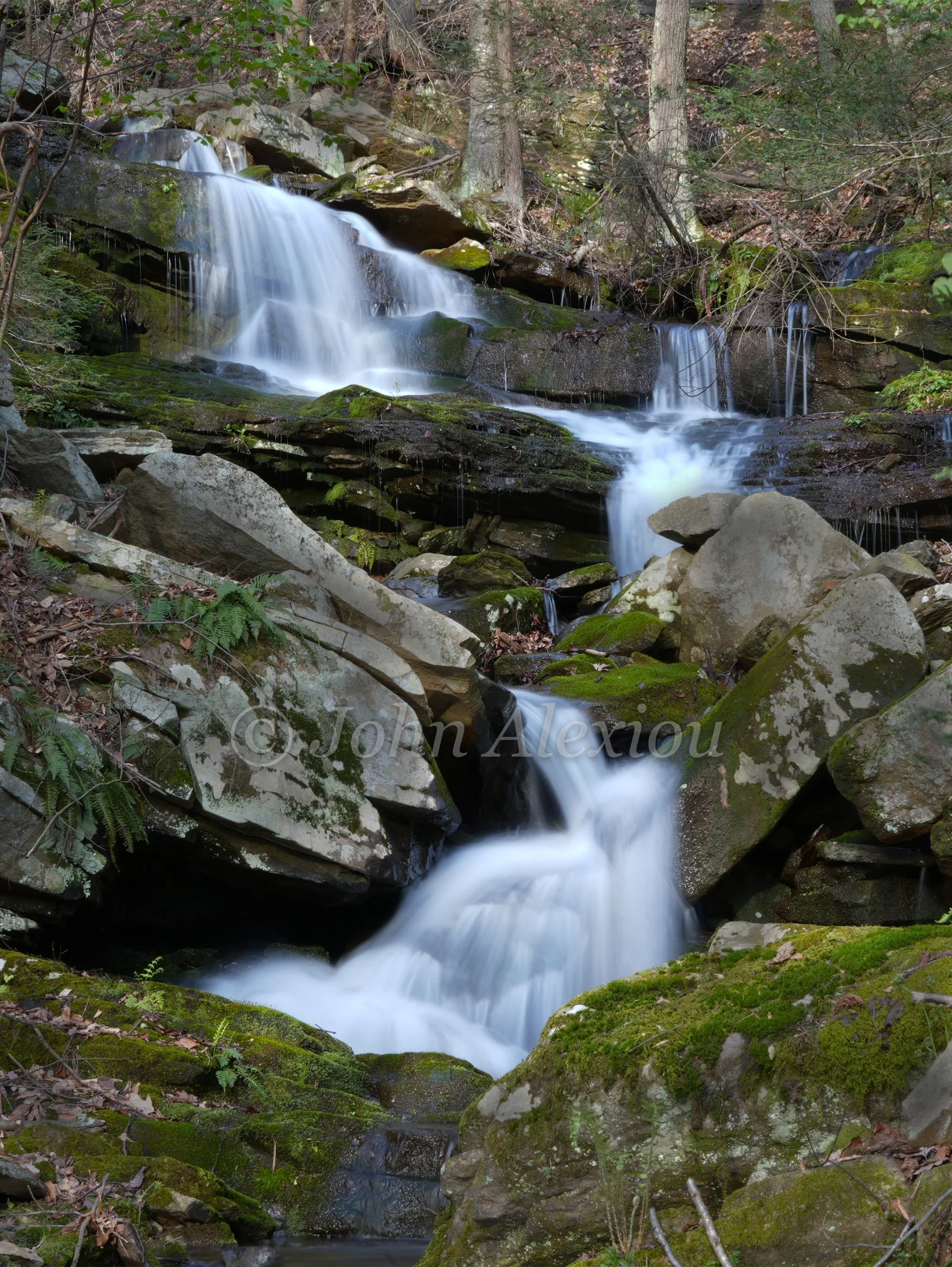 03 · The Way Down
A woodland stream works its way over several ledges and between large, lichen-covered boulders.
© John Alexiou · 2026 · Northeast Pennsylvania