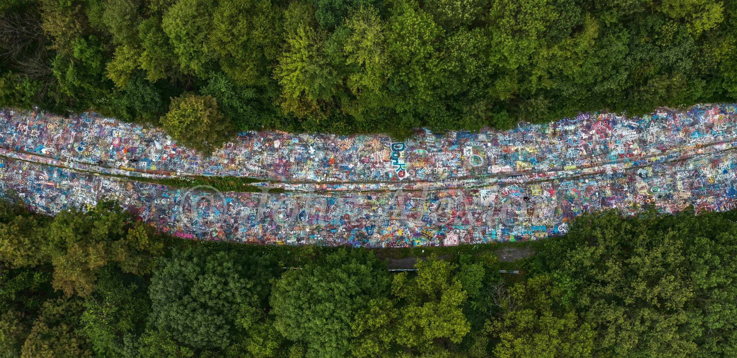 10 · The Painted Bend: Graffiti Highway curves beside a green forest canopy in Centralia, Pennsylvania, 2019.

© John Alexiou · 2019 · Centralia