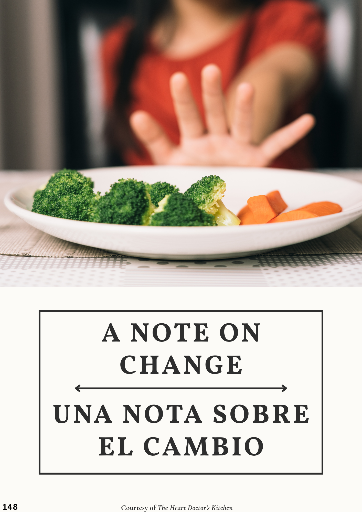 Plate of broccoli and carrots with a woman in the background extending her hand to stop or refuse.