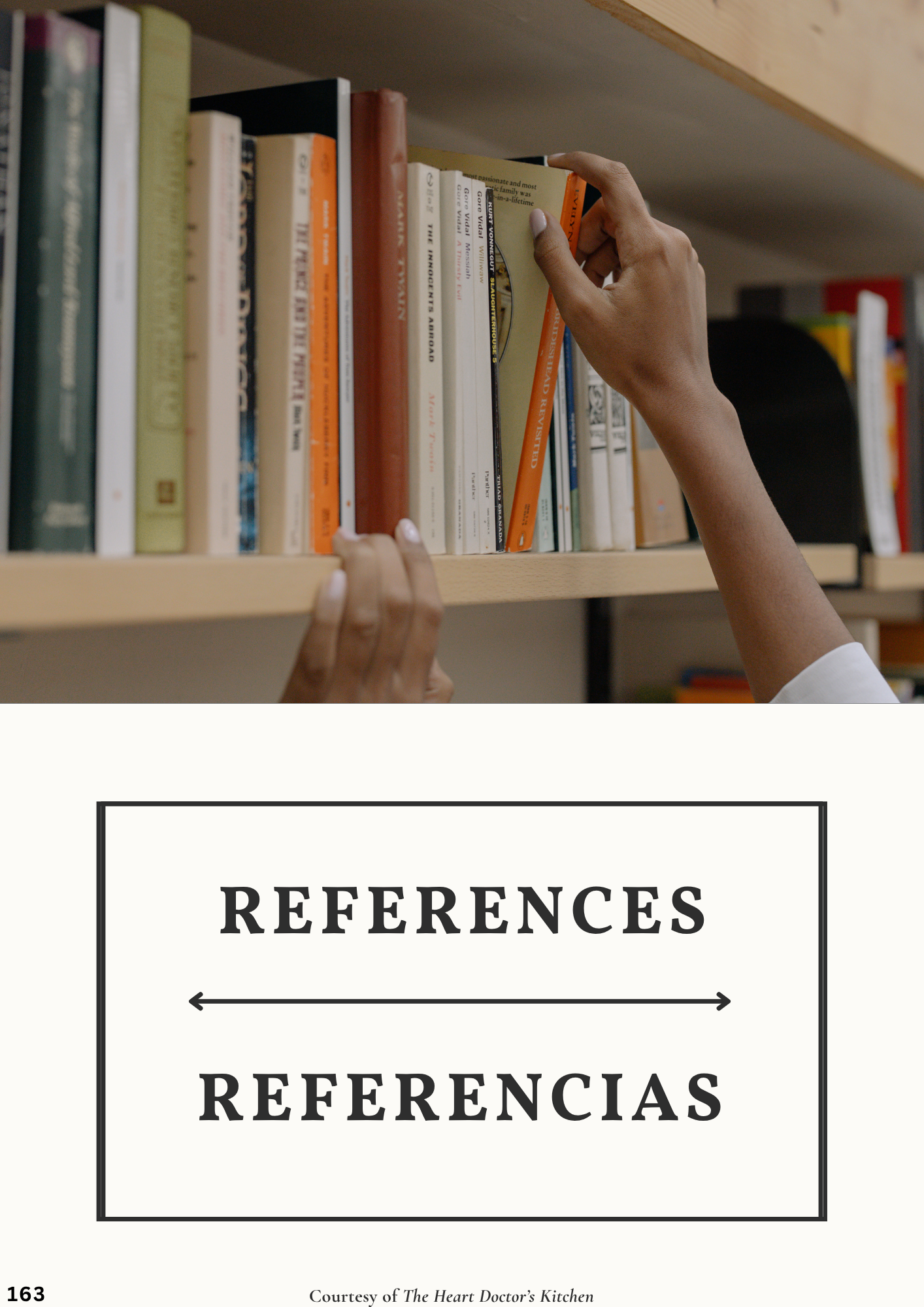 A hand reaching for a book on a bookshelf with the word "REFERENCES" written in bold capital letters on a white background below the image.