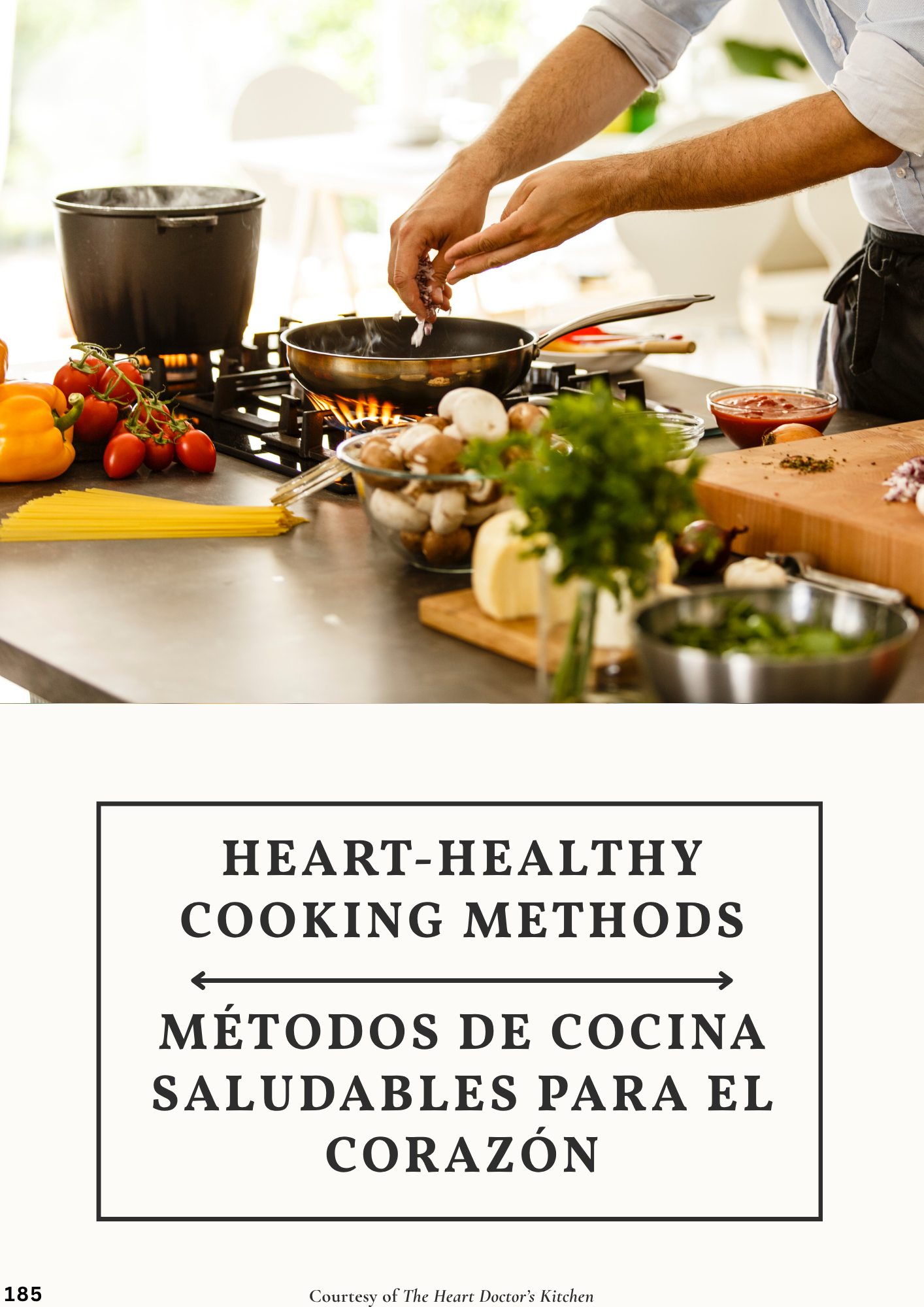 A person cooking on a stove with fresh vegetables and herbs on the kitchen counter, emphasizing healthy cooking methods.