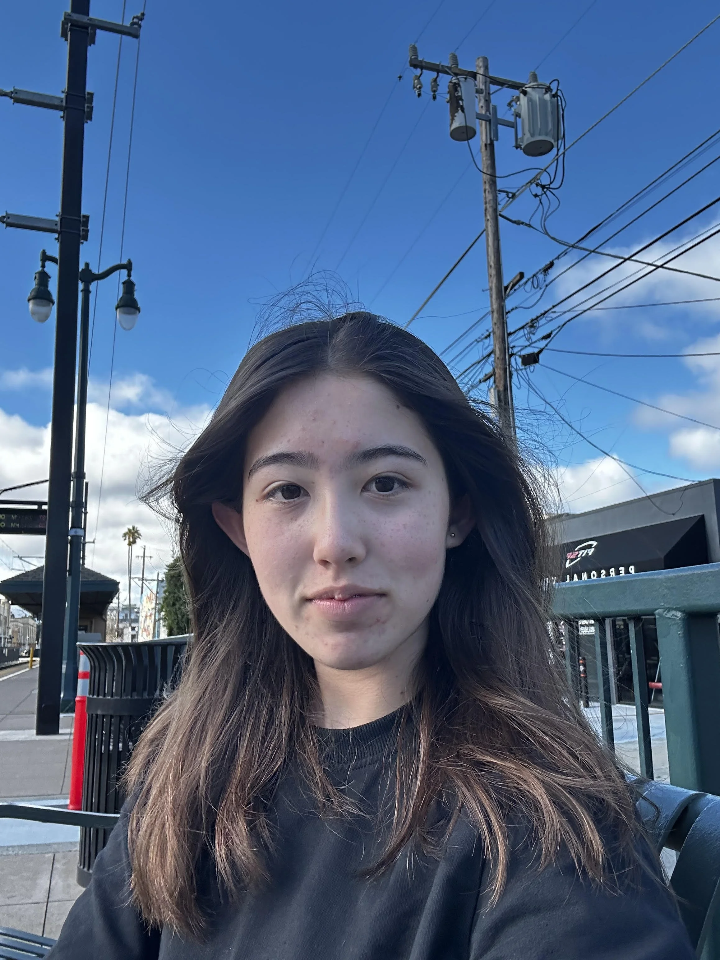 Young woman with long brown hair taking a selfie outdoors on a sunny day with power lines and blue sky in the background.