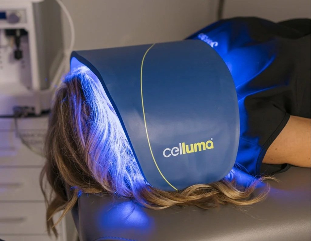 SkinFusion blue light therapy session using Celluma device — advanced LED treatment for acne, wrinkles, and skin rejuvenation in Altoona.