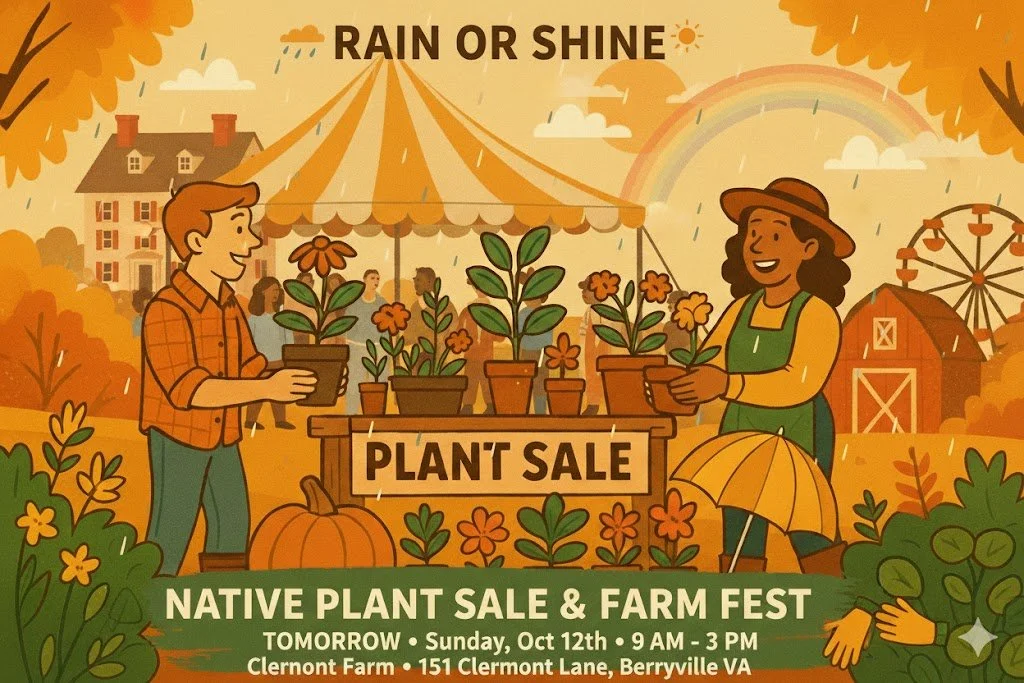 🚨 RAIN OR SHINE &ndash; FarmFest &amp; Native Plant Sale is ON! 🚨
TOMORROW &ndash; Sunday, October 12th &bull; 9 AM to 3 PM

📍 Clermont Farm &ndash; 151 Clermont Lane, Berryville, VA
We&rsquo;re watching the skies, and while rain is possible, we&r