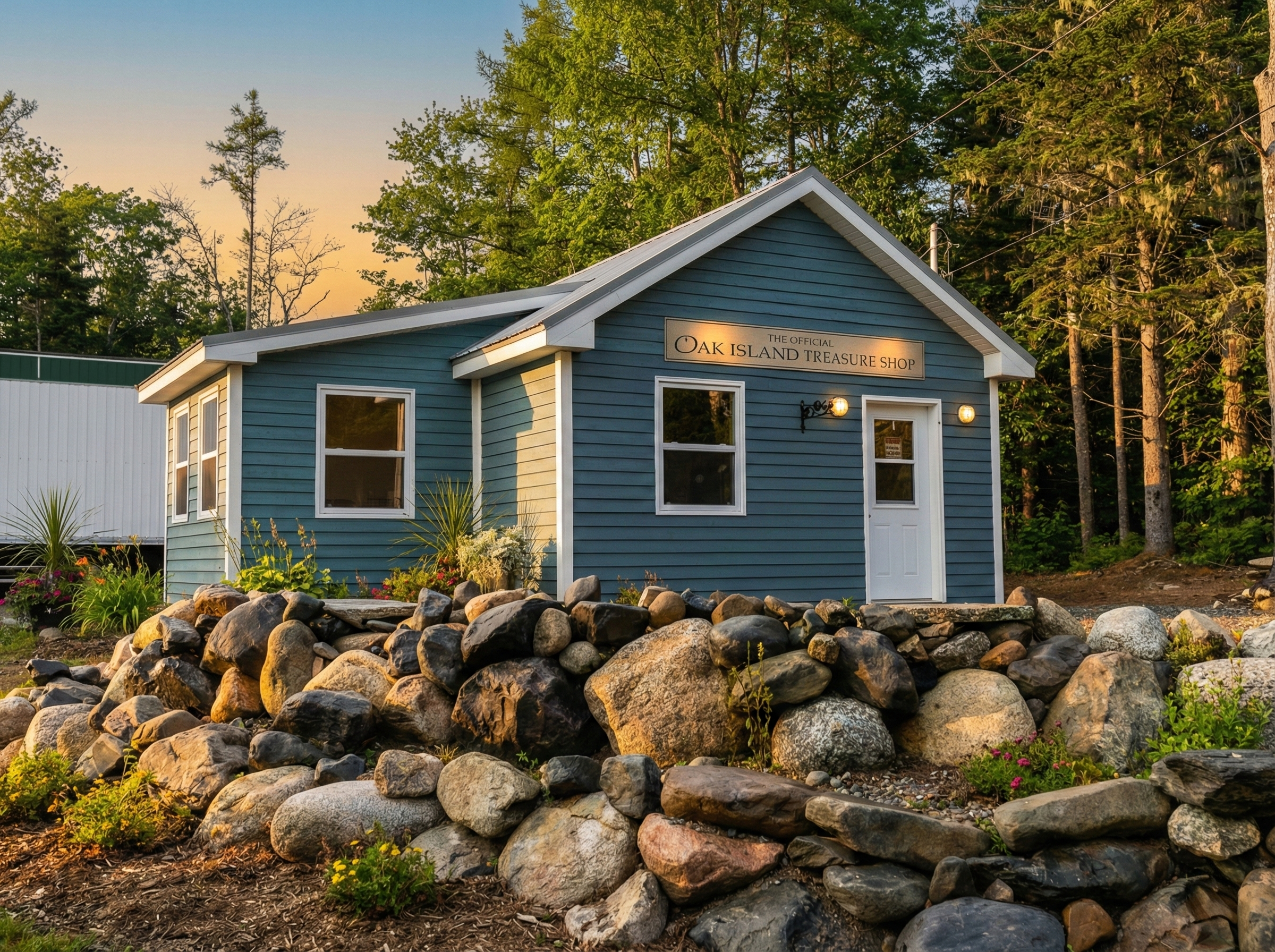 A small blue wooden building labeled 'The Official Oak Island Treasure Shop' with a rock yard in front, surrounded by trees during sunset.