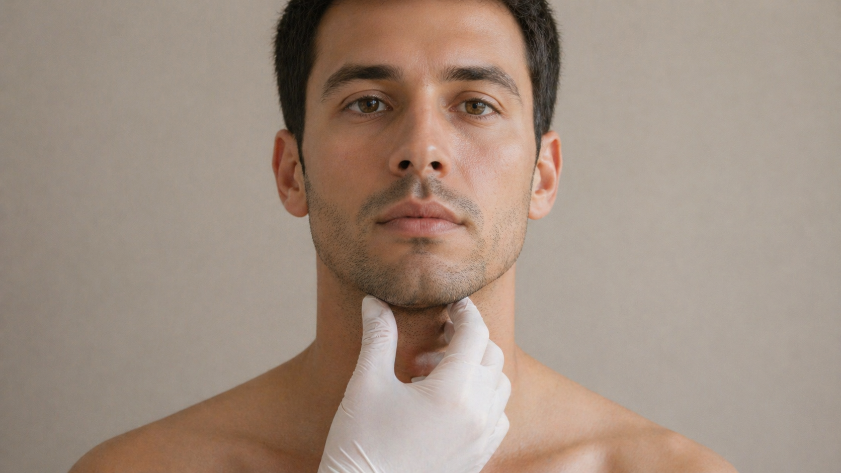 A man with short dark hair and light skin has his chin gently held by a gloved hand for a medical exam or procedure.
