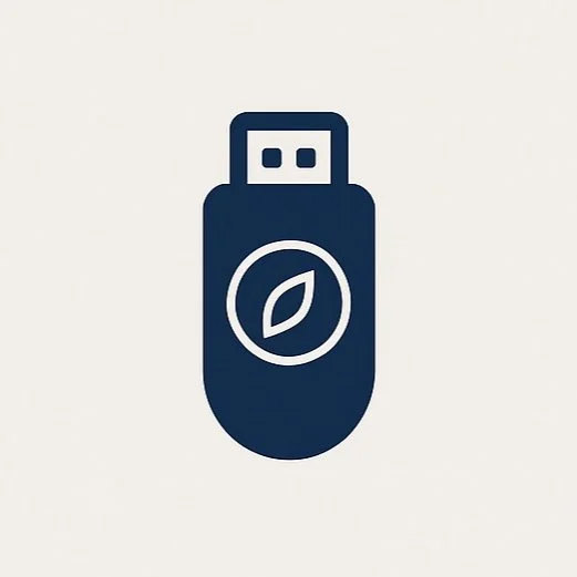 Icon of a flash drive with a leaf symbol inside a circle