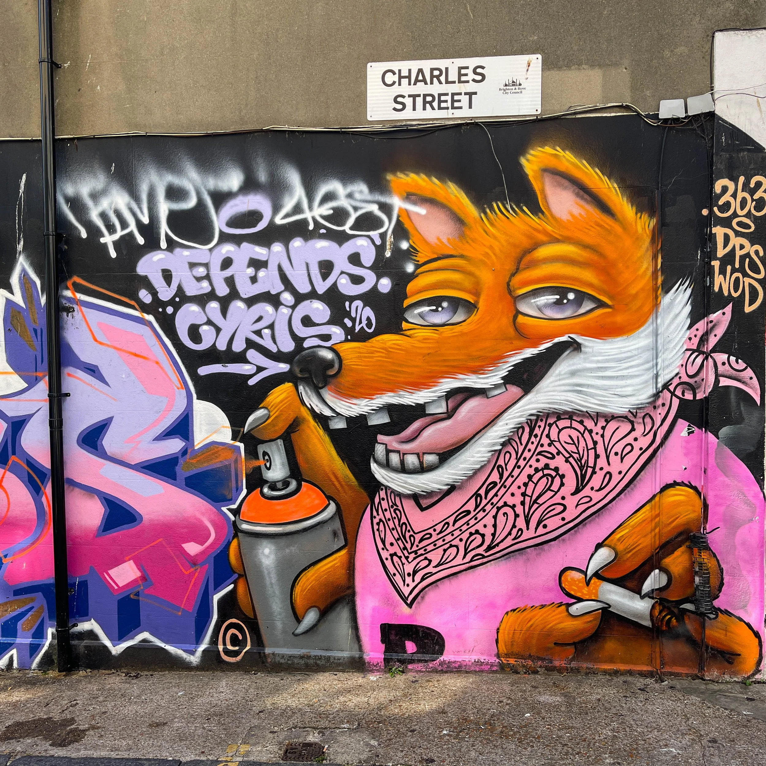 Street art in Brighton. Charles Street. Fox with spray paint can.
