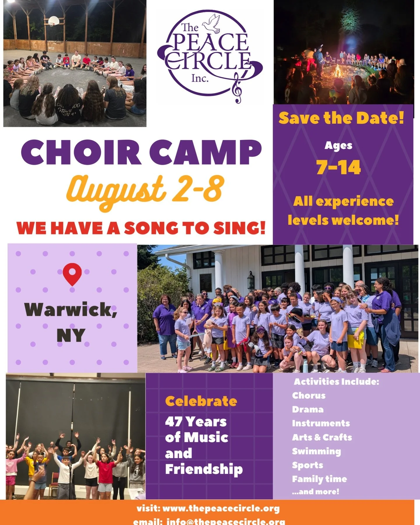 🎶✨ SAVE THE DATE ✨🎶
Choir Camp is back!
📅 August 2&ndash;8
📍 Warwick, NY
Ages 7&ndash;14 | All experience levels welcome
One week of music, friendship, and unforgettable memories 💜
Spots fill fast&mdash;mark your calendars!